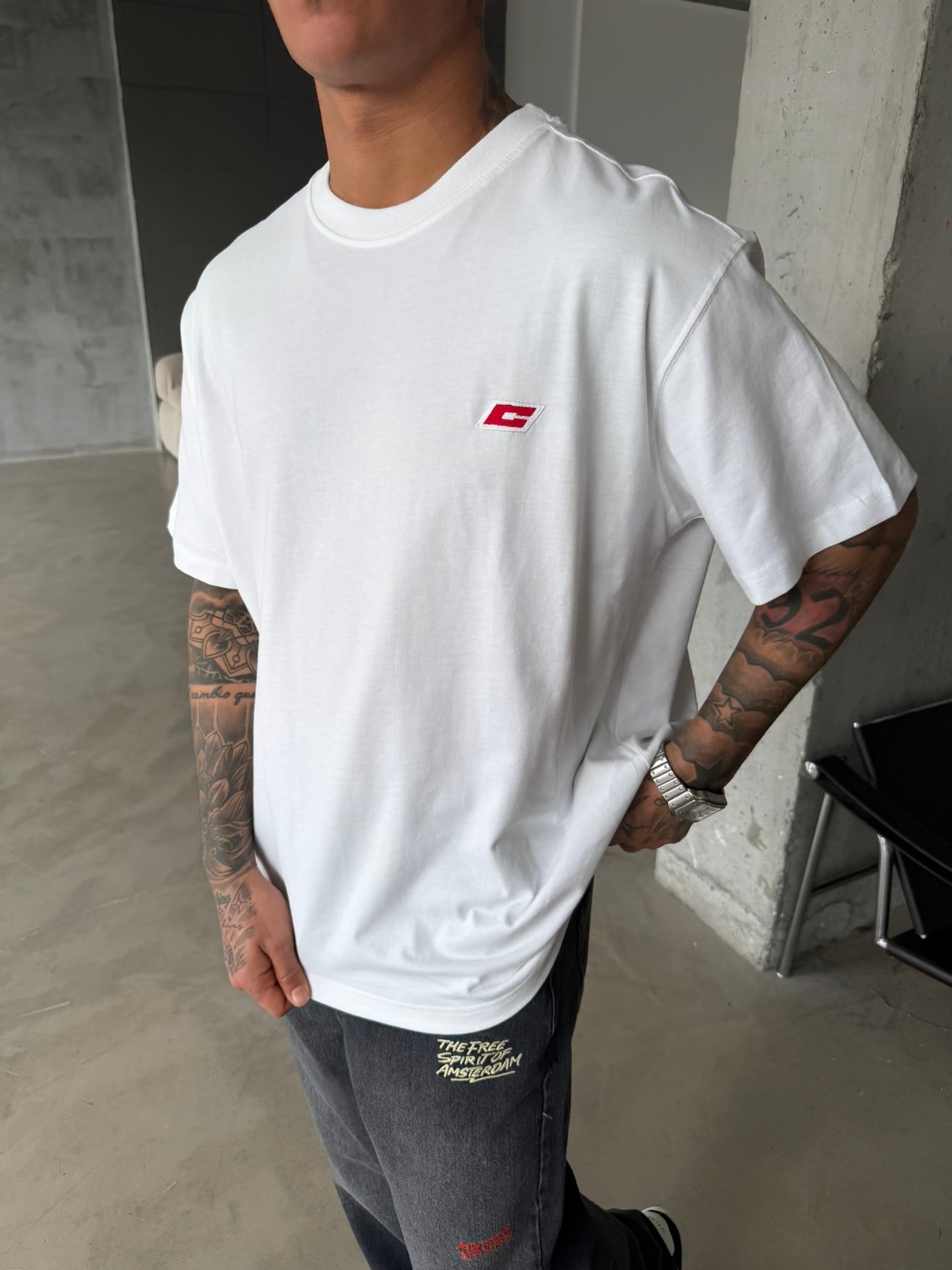 C Nakışlı Premium Basic T-Shirt - Beyaz