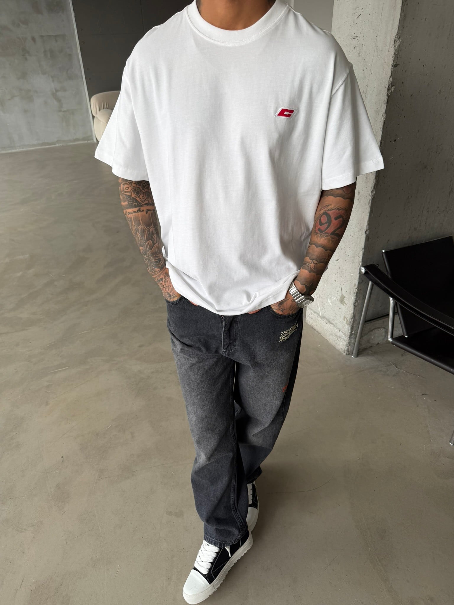 C Nakışlı Premium Basic T-Shirt - Beyaz