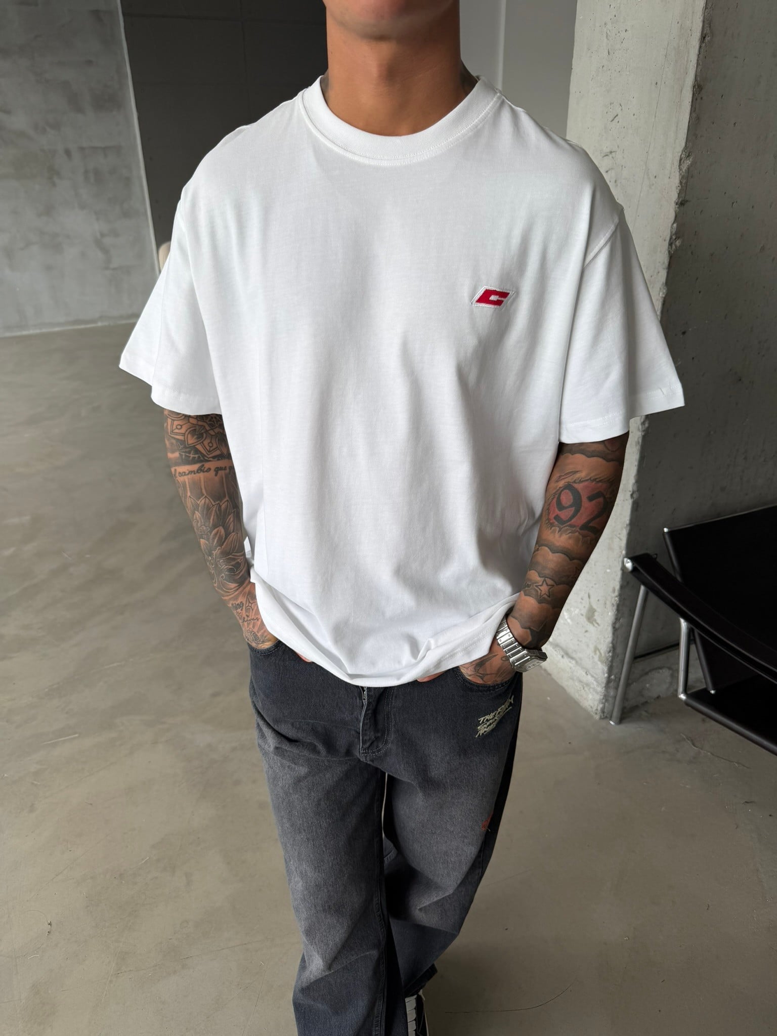 C Nakışlı Premium Basic T-Shirt - Beyaz