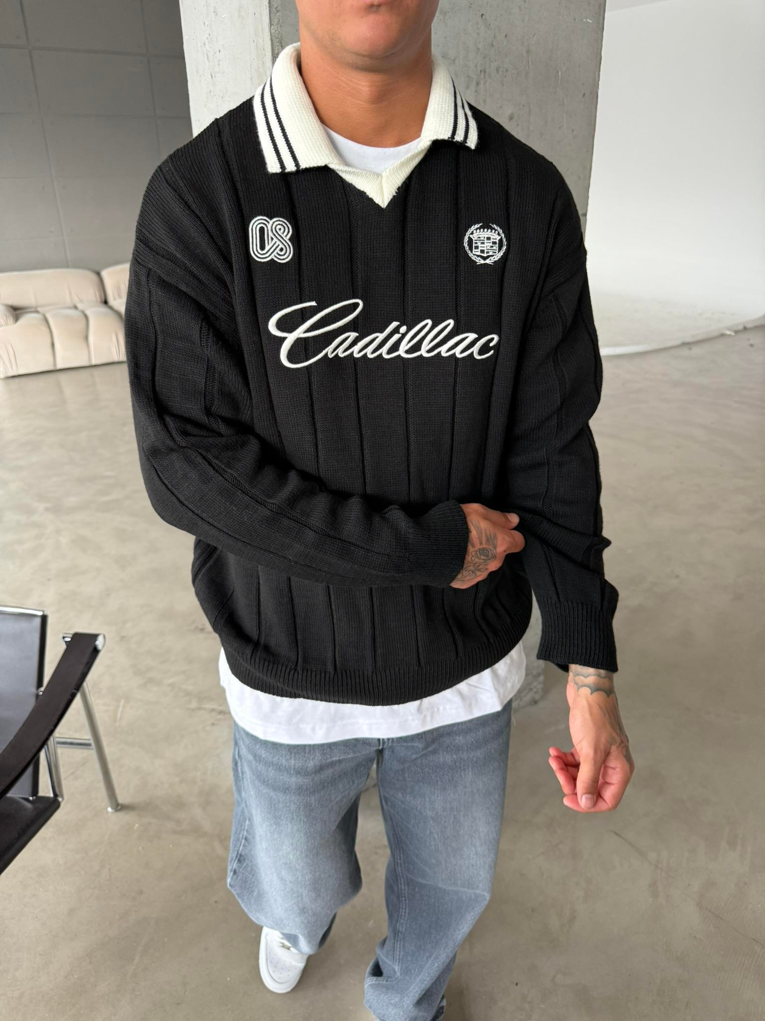 Cadillac Nakışlı Polo Yaka Triko - Siyah