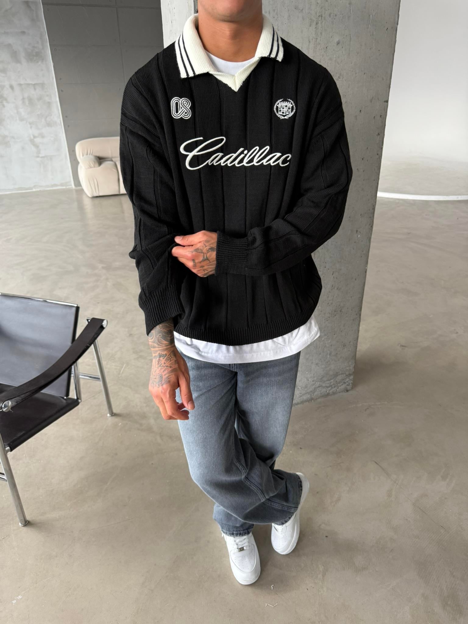 Cadillac Nakışlı Polo Yaka Triko - Siyah
