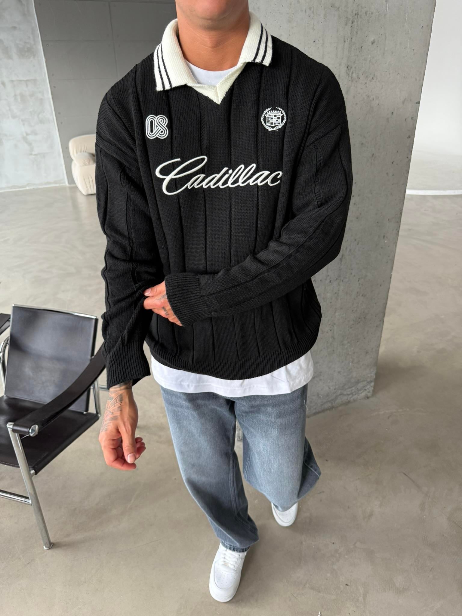 Cadillac Nakışlı Polo Yaka Triko - Siyah