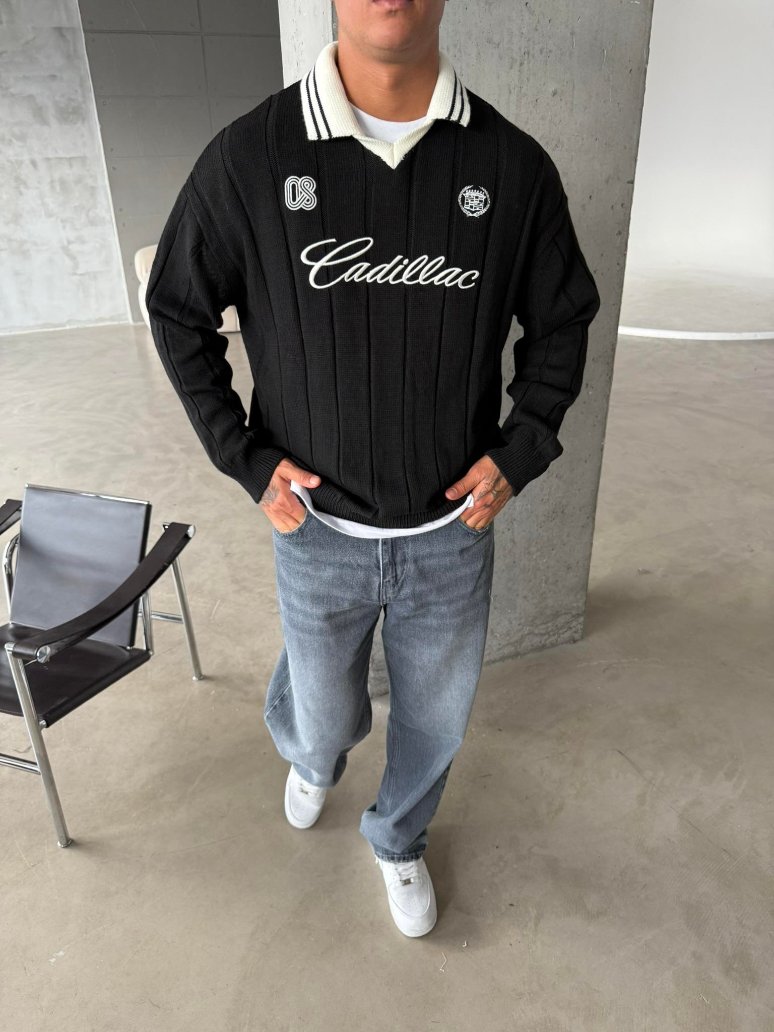 Cadillac Nakışlı Polo Yaka Triko - Siyah