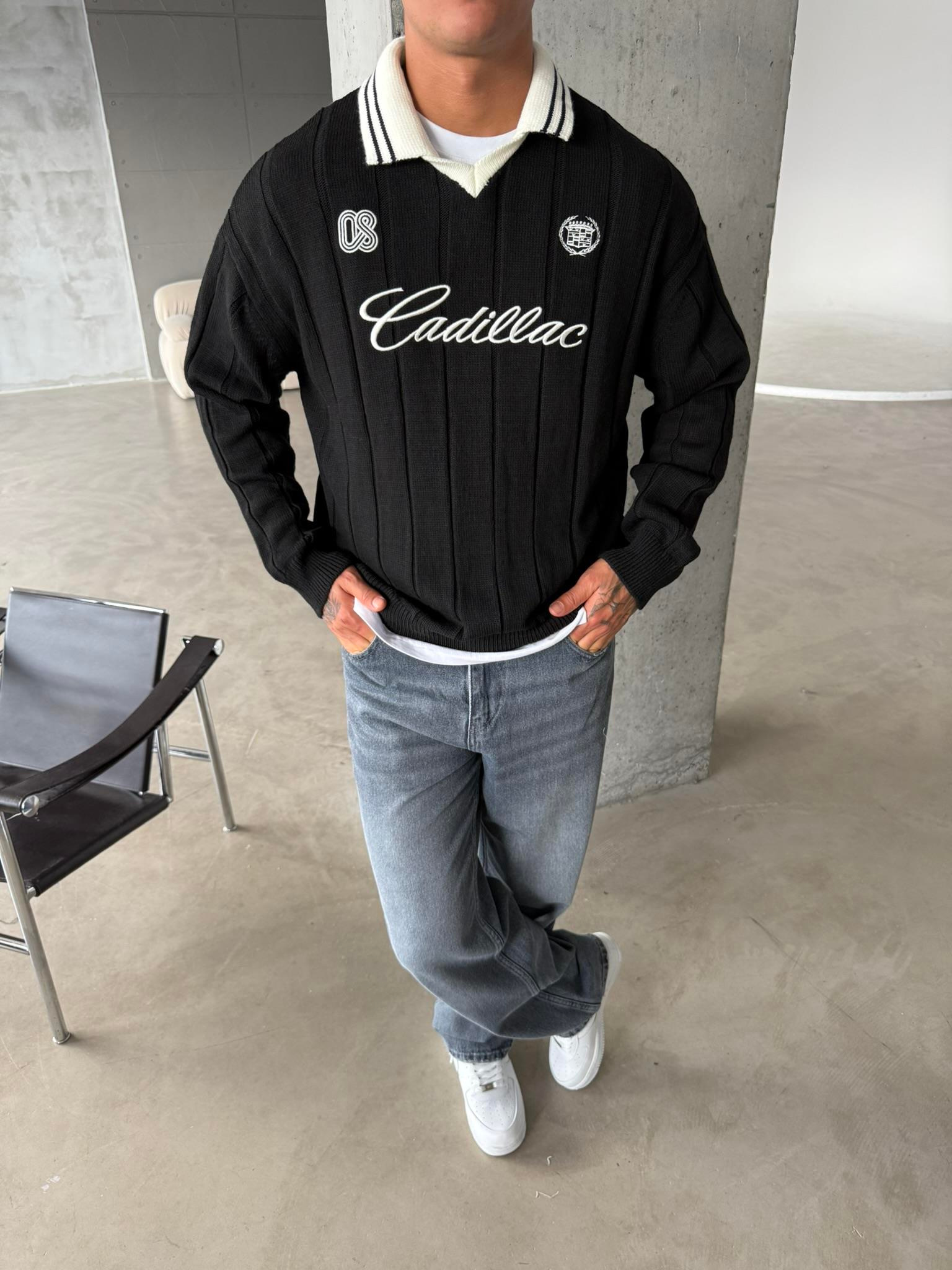 Cadillac Nakışlı Polo Yaka Triko - Siyah