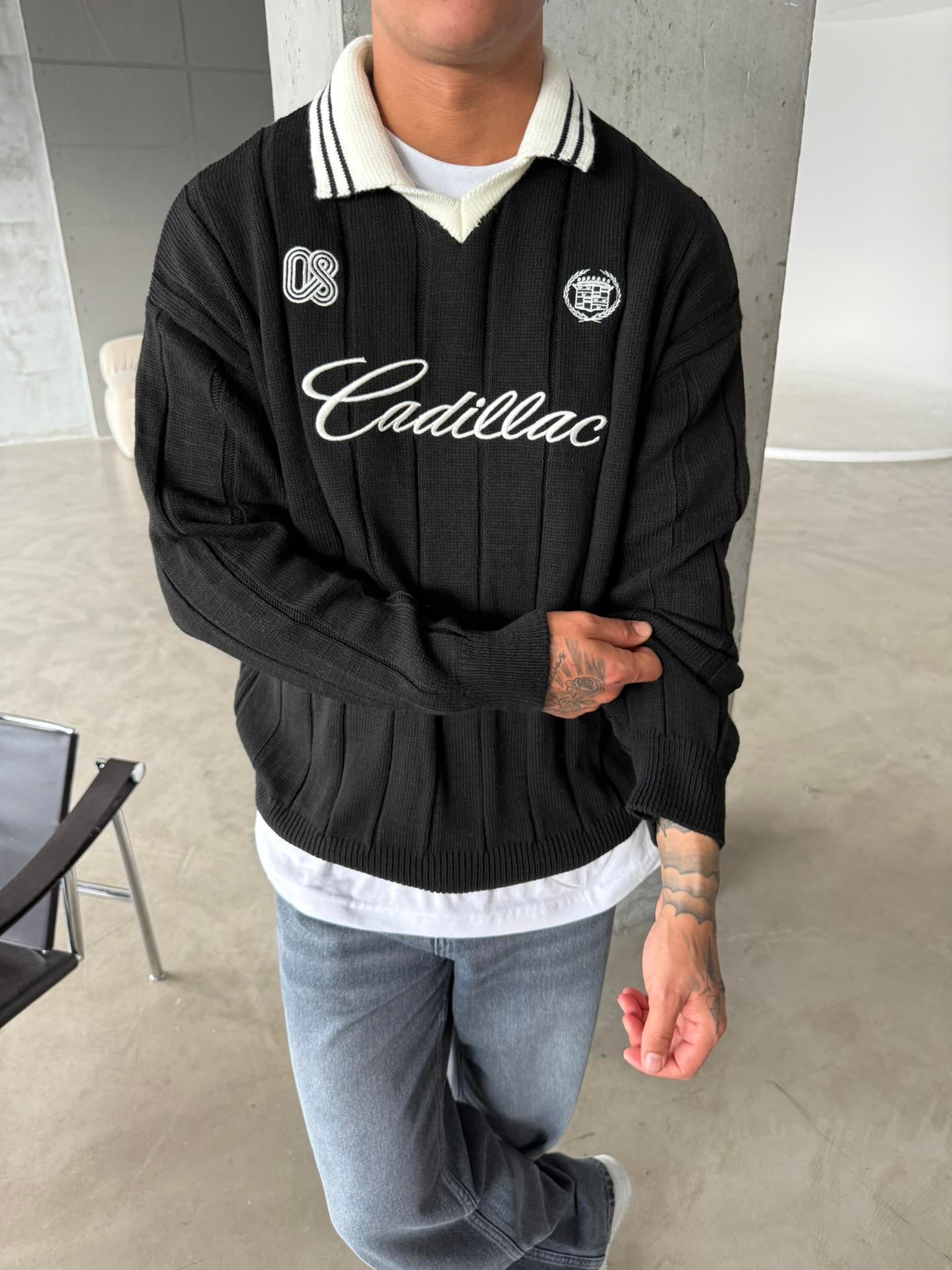 Cadillac Nakışlı Polo Yaka Triko - Siyah