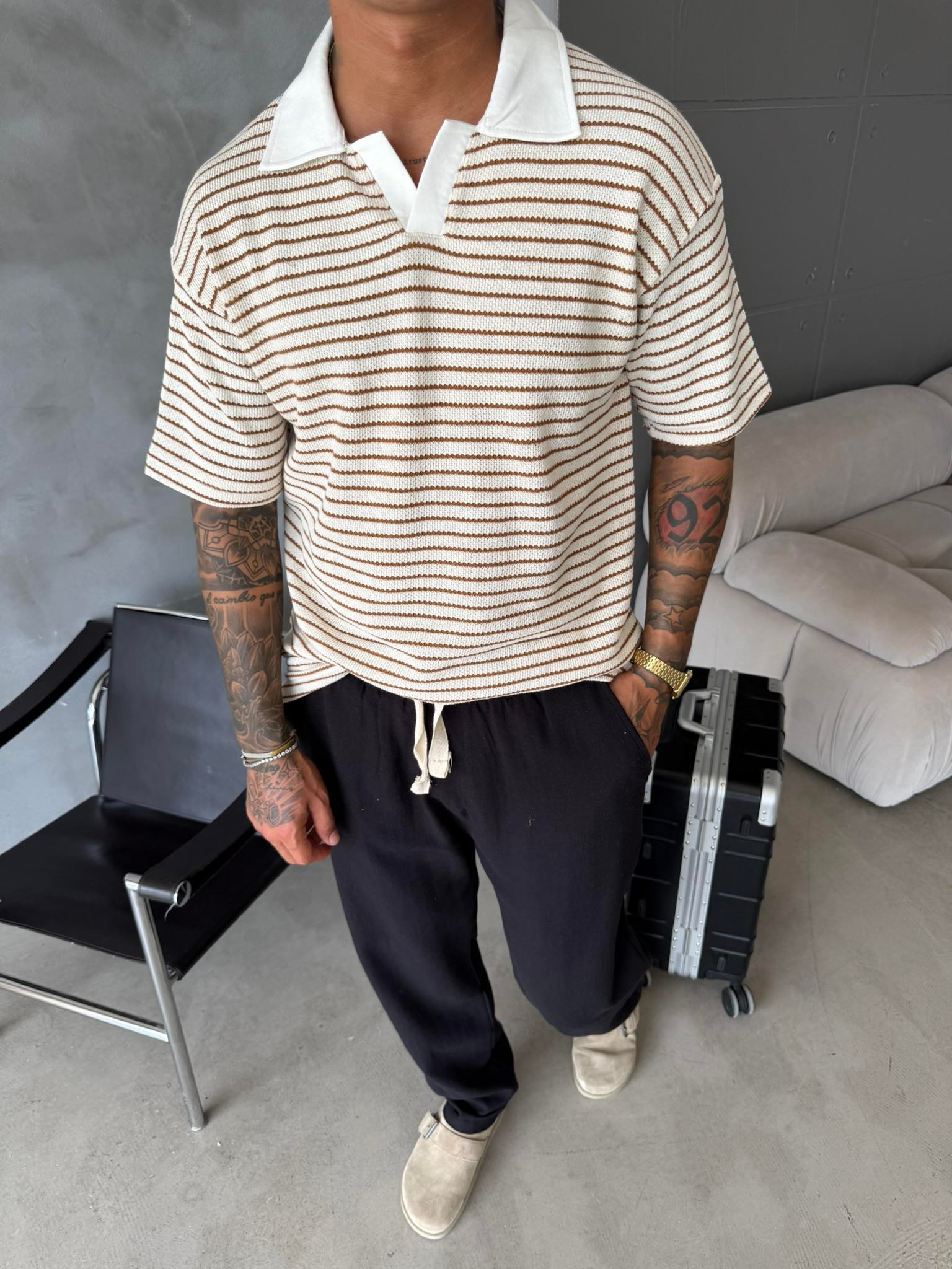 Cizgi Dokuma Polo Yaka T-Shirt - Kahve
