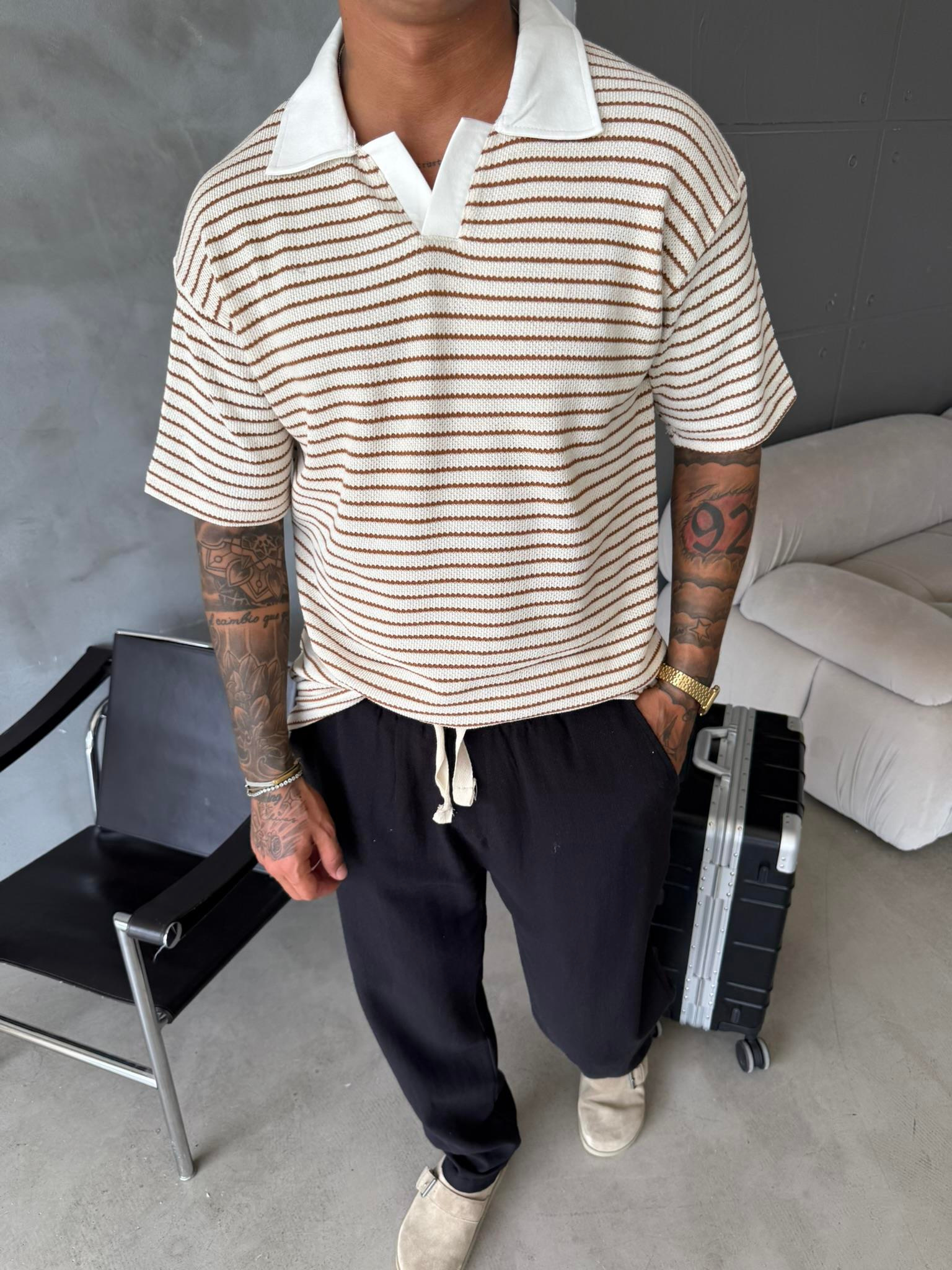 Cizgi Dokuma Polo Yaka T-Shirt - Kahve