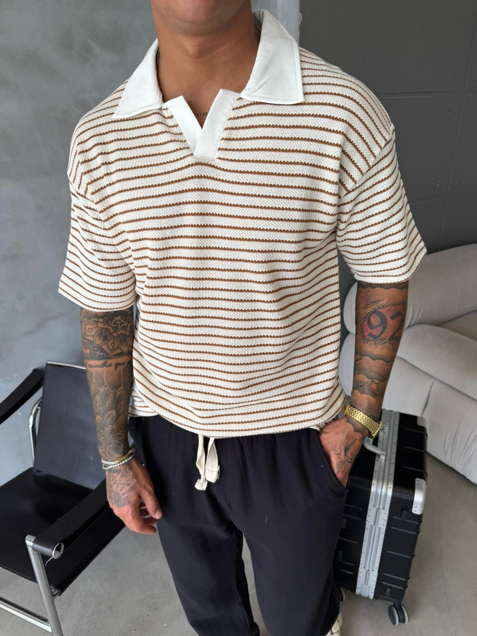 Cizgi Dokuma Polo Yaka T-Shirt - Kahve