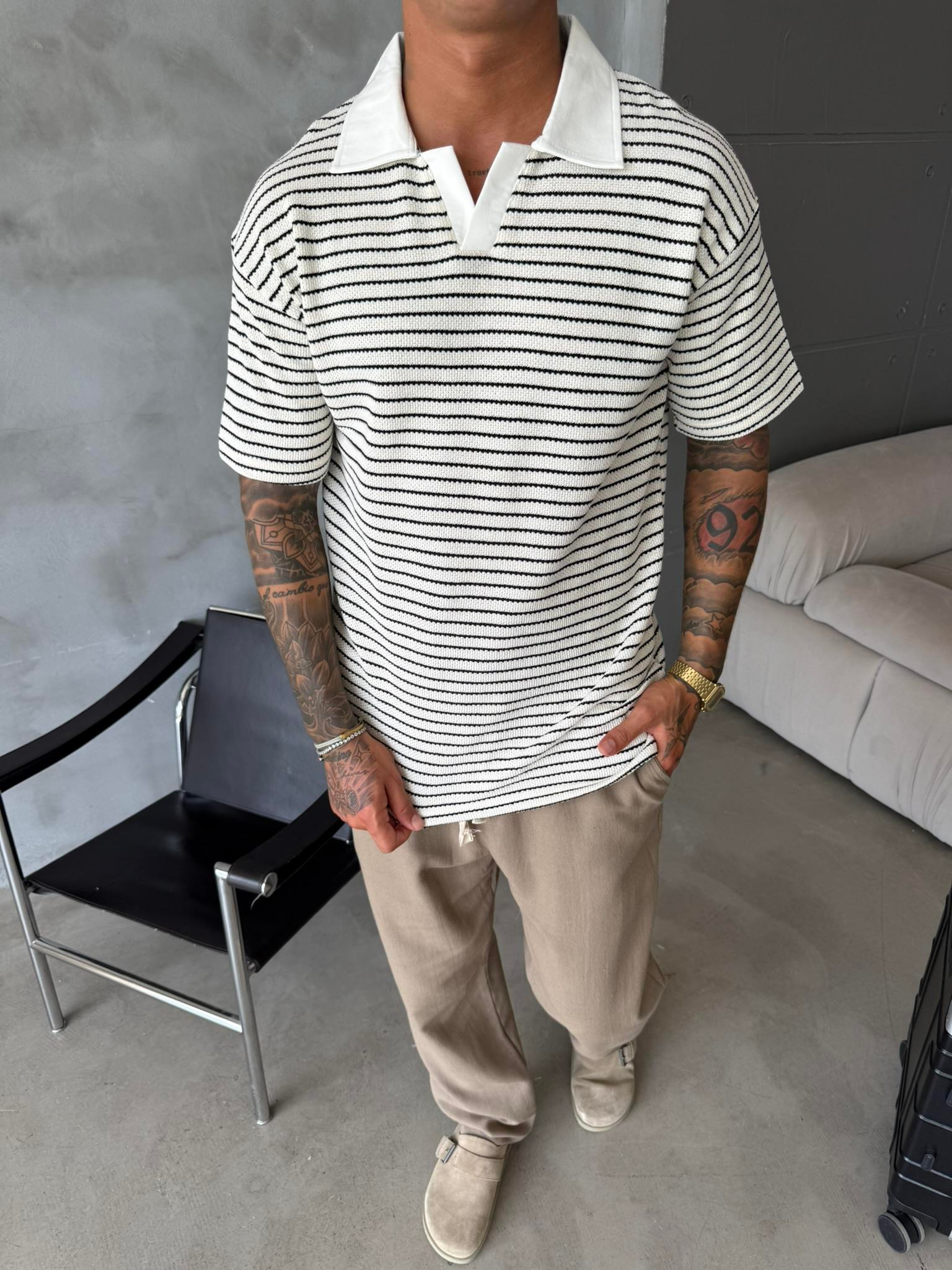 Cizgi Dokuma Polo Yaka T-Shirt - Siyah