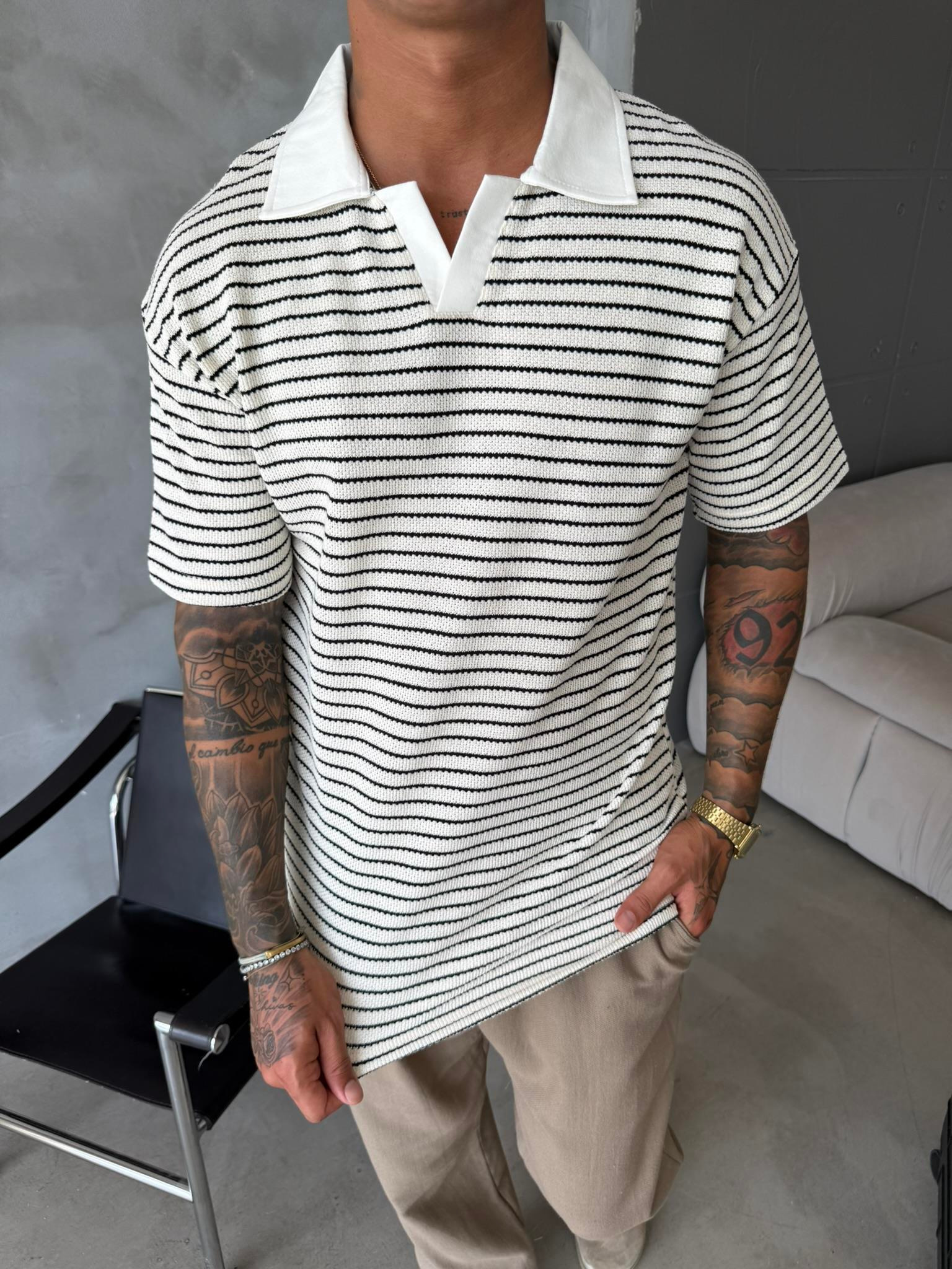 Cizgi Dokuma Polo Yaka T-Shirt - Siyah