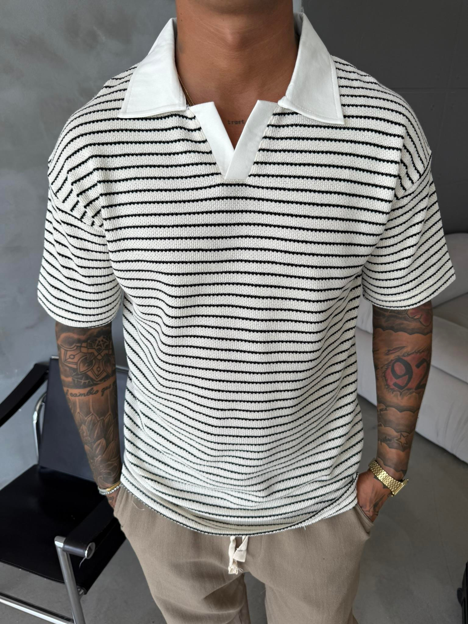 Cizgi Dokuma Polo Yaka T-Shirt - Siyah