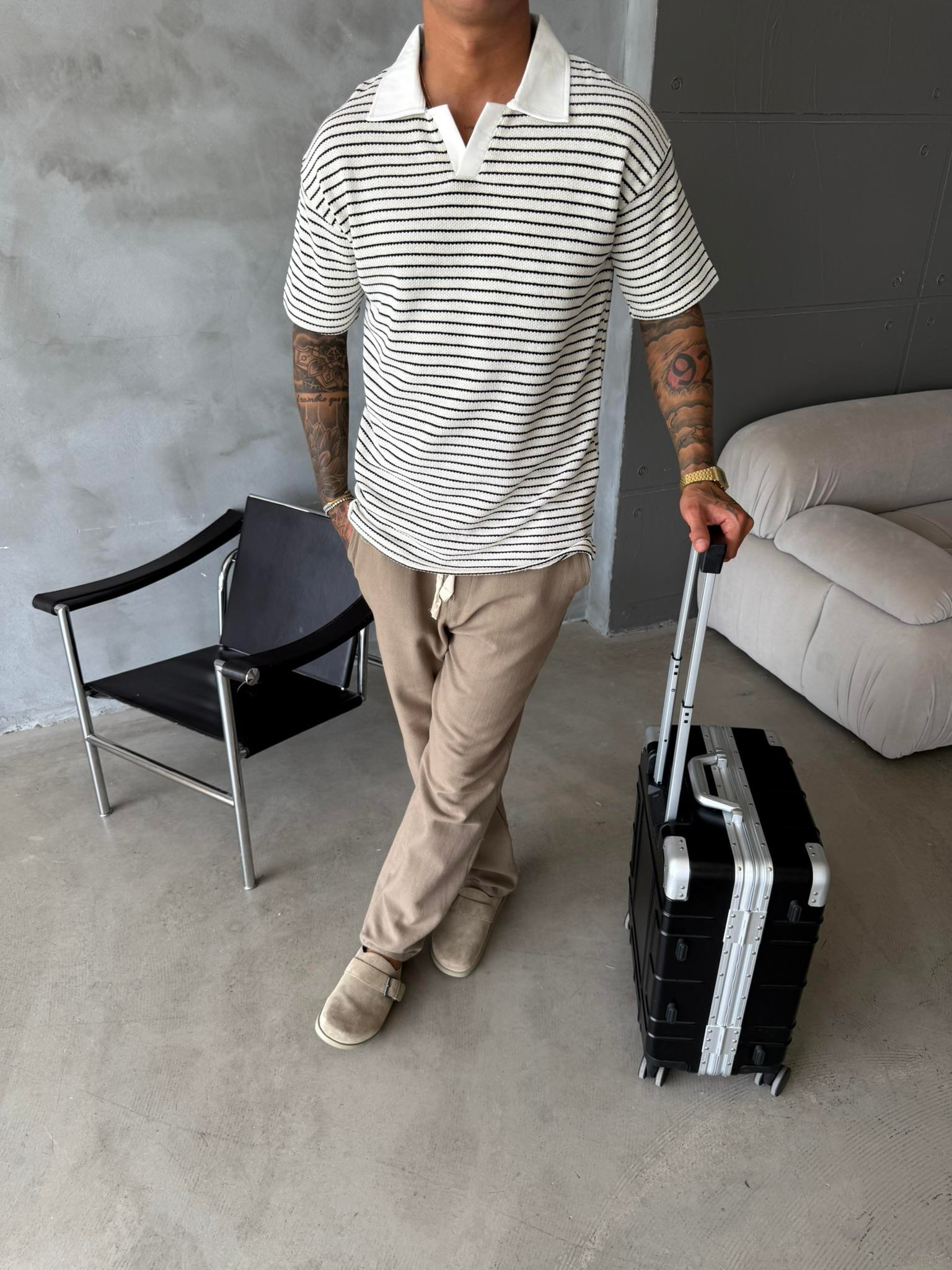 Cizgi Dokuma Polo Yaka T-Shirt - Siyah