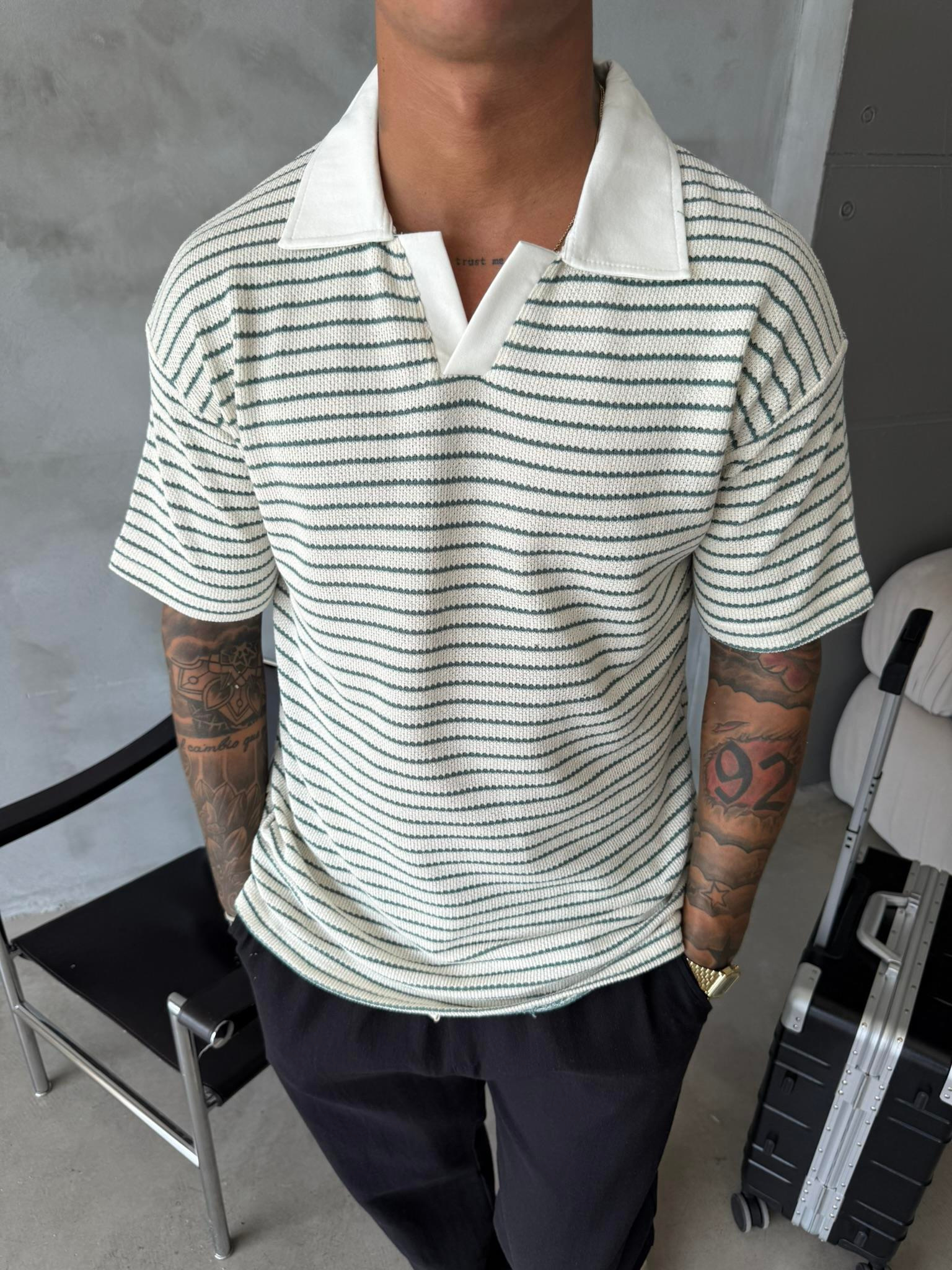 Cizgi Dokuma Polo Yaka T-Shirt - Yeşil