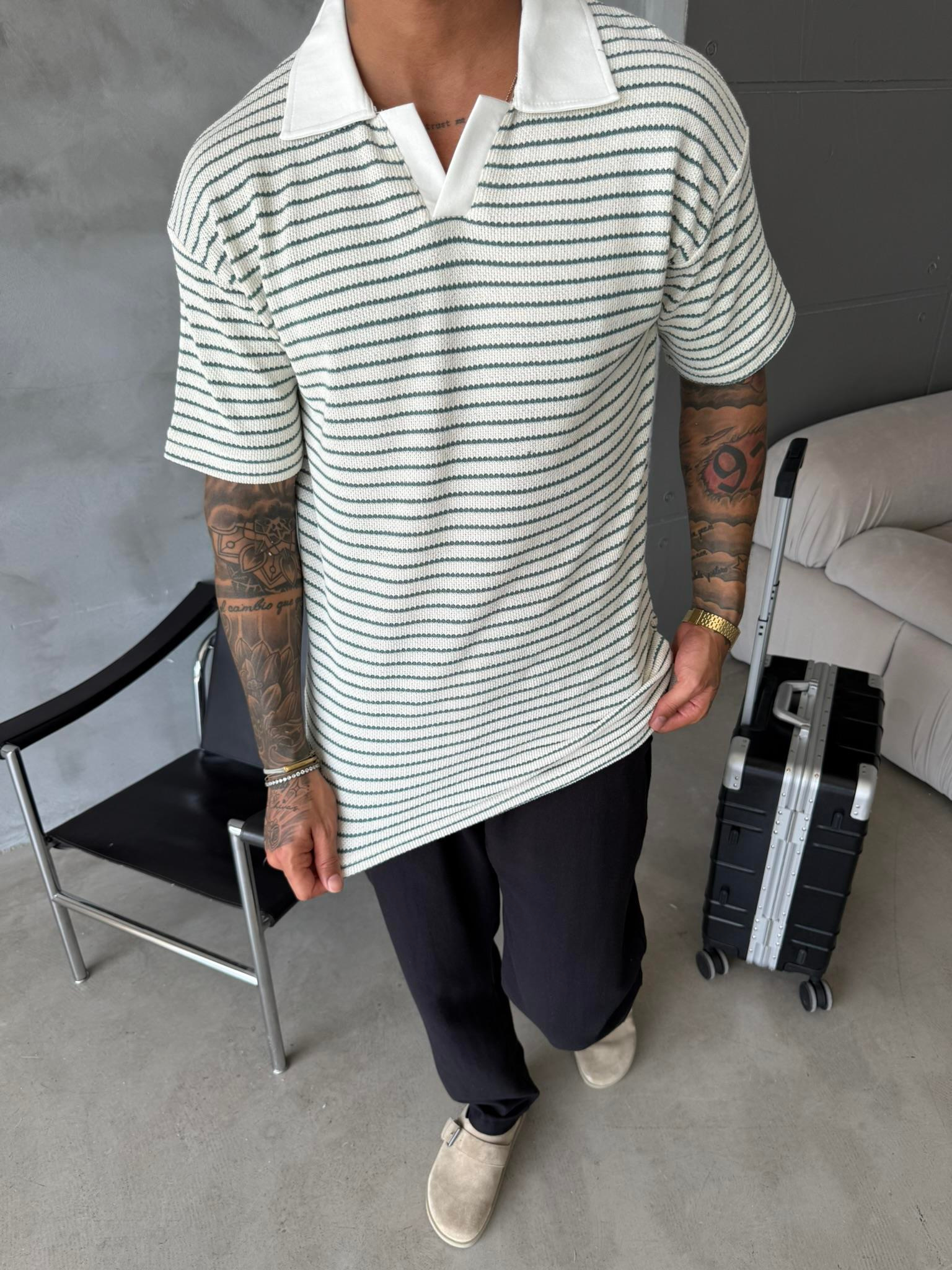 Cizgi Dokuma Polo Yaka T-Shirt - Yeşil