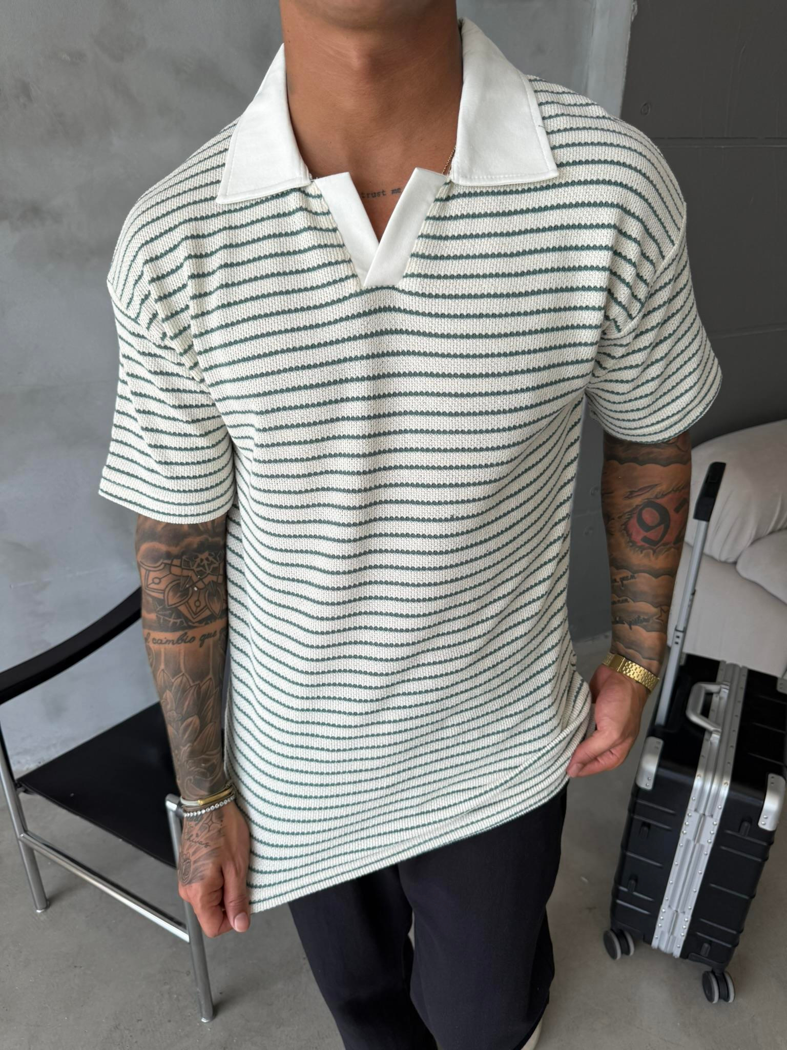 Cizgi Dokuma Polo Yaka T-Shirt - Yeşil