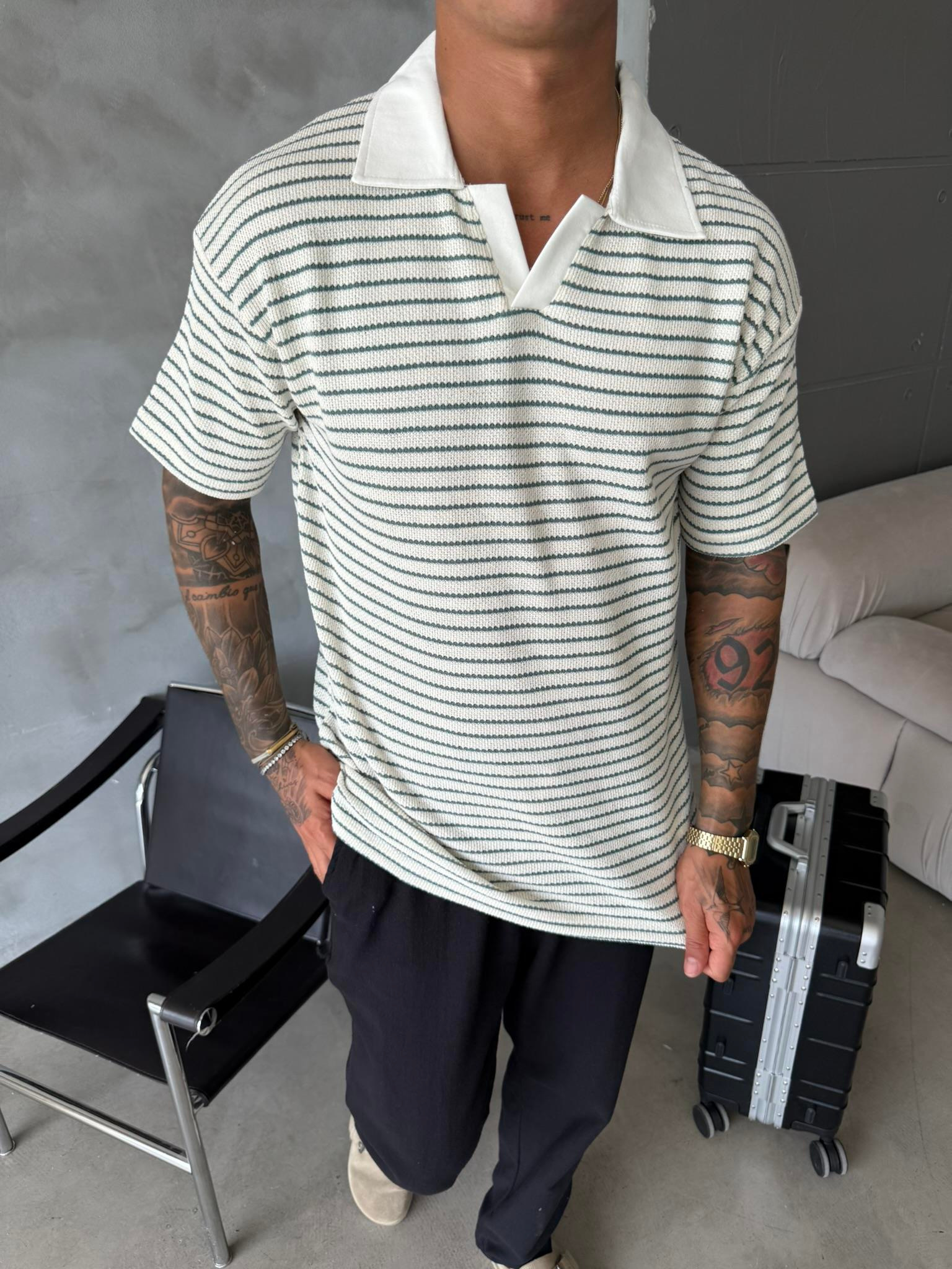 Cizgi Dokuma Polo Yaka T-Shirt - Yeşil