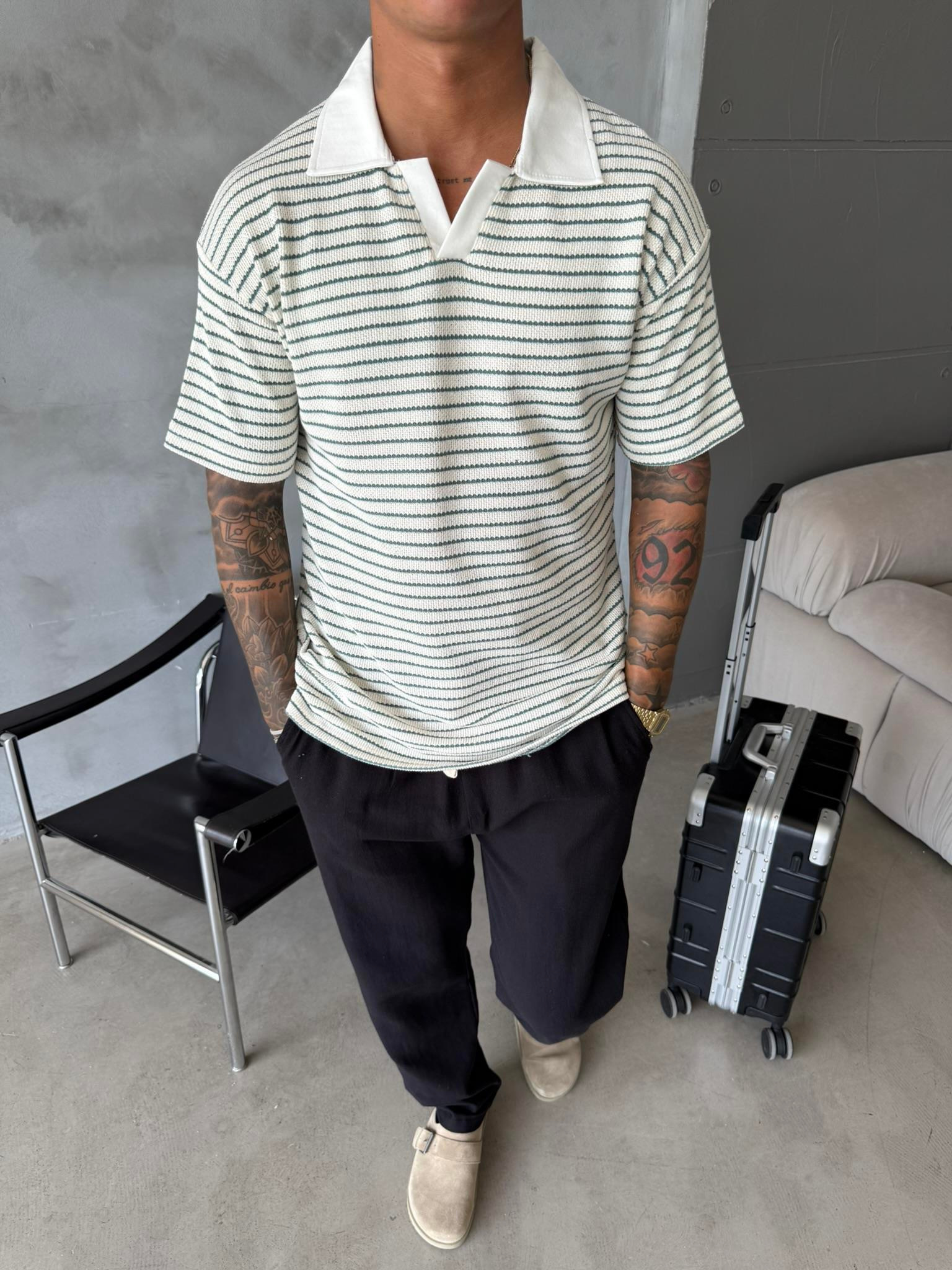 Cizgi Dokuma Polo Yaka T-Shirt - Yeşil