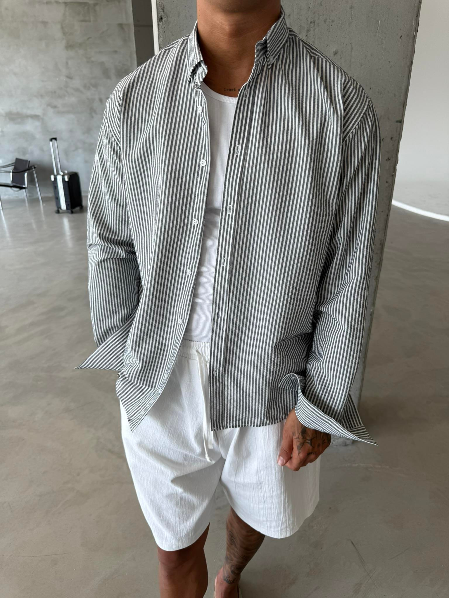 Cizgili Basic Gömlek - Gri