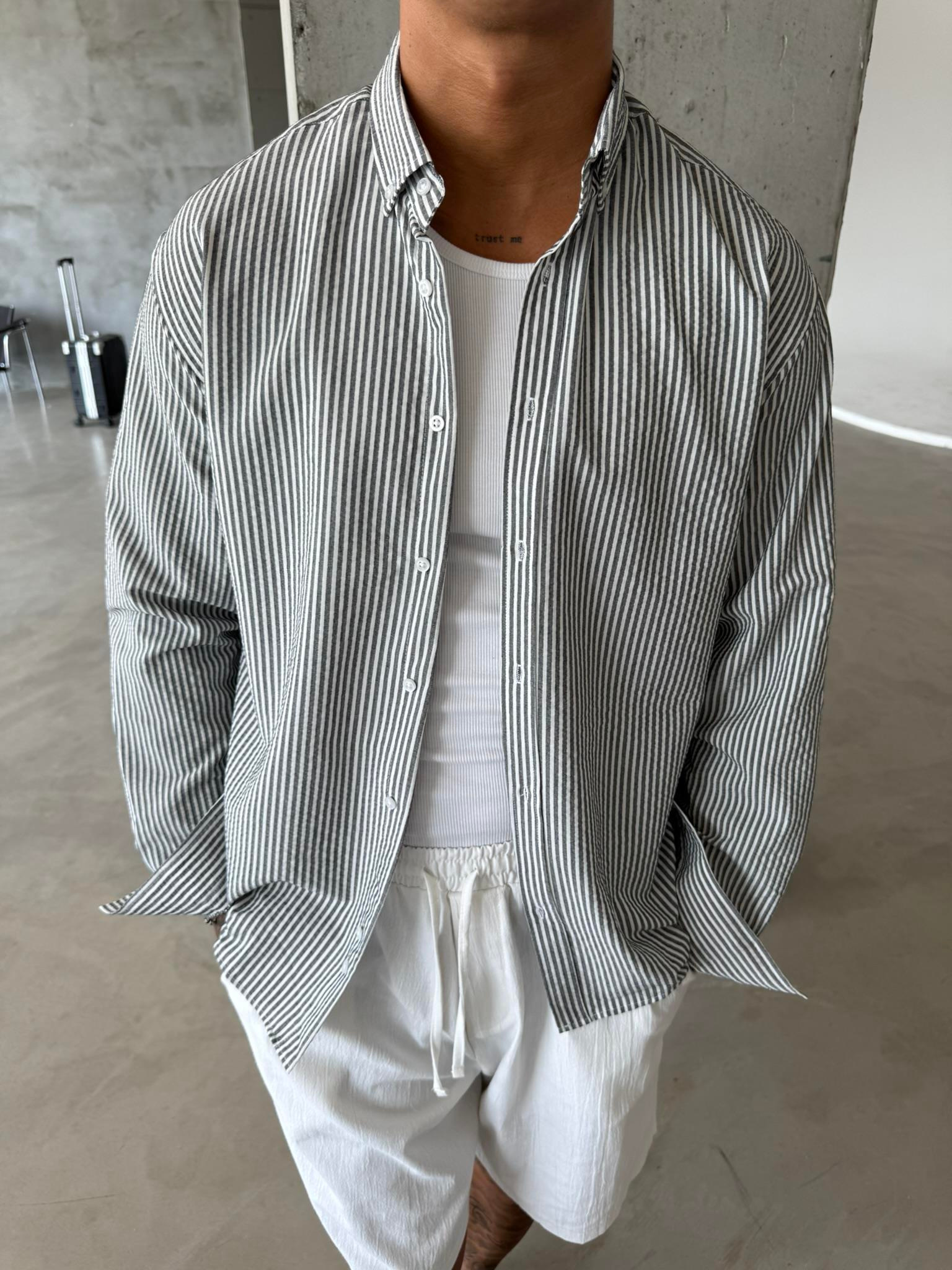 Cizgili Basic Gömlek - Gri
