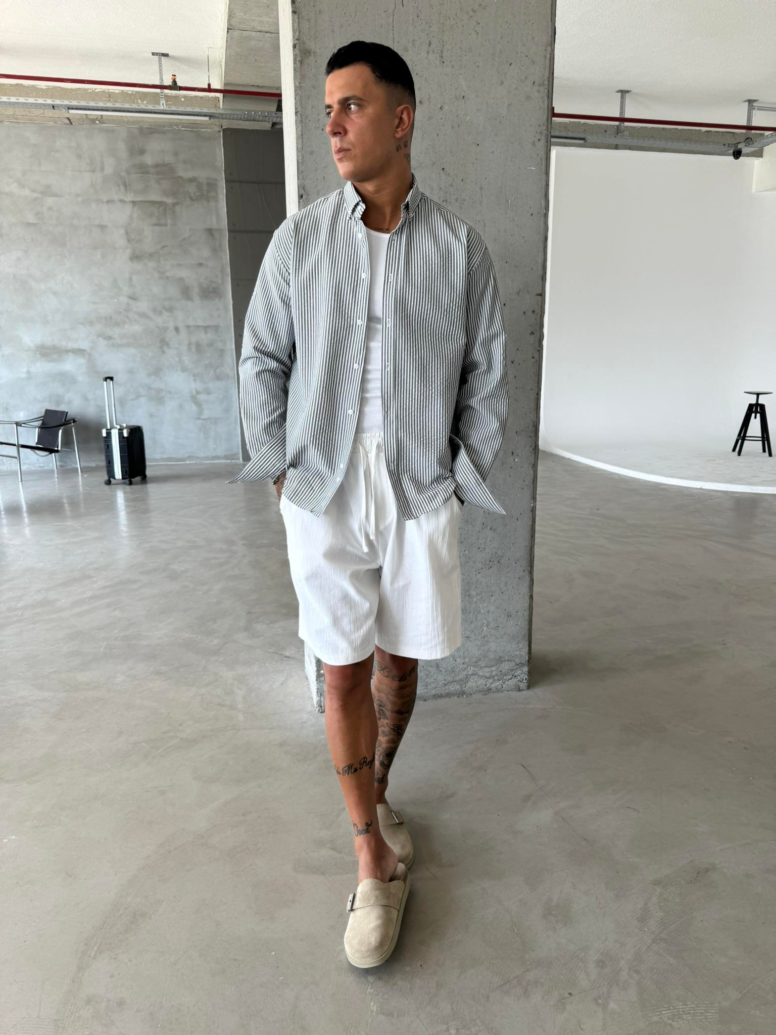 Cizgili Basic Gömlek - Gri