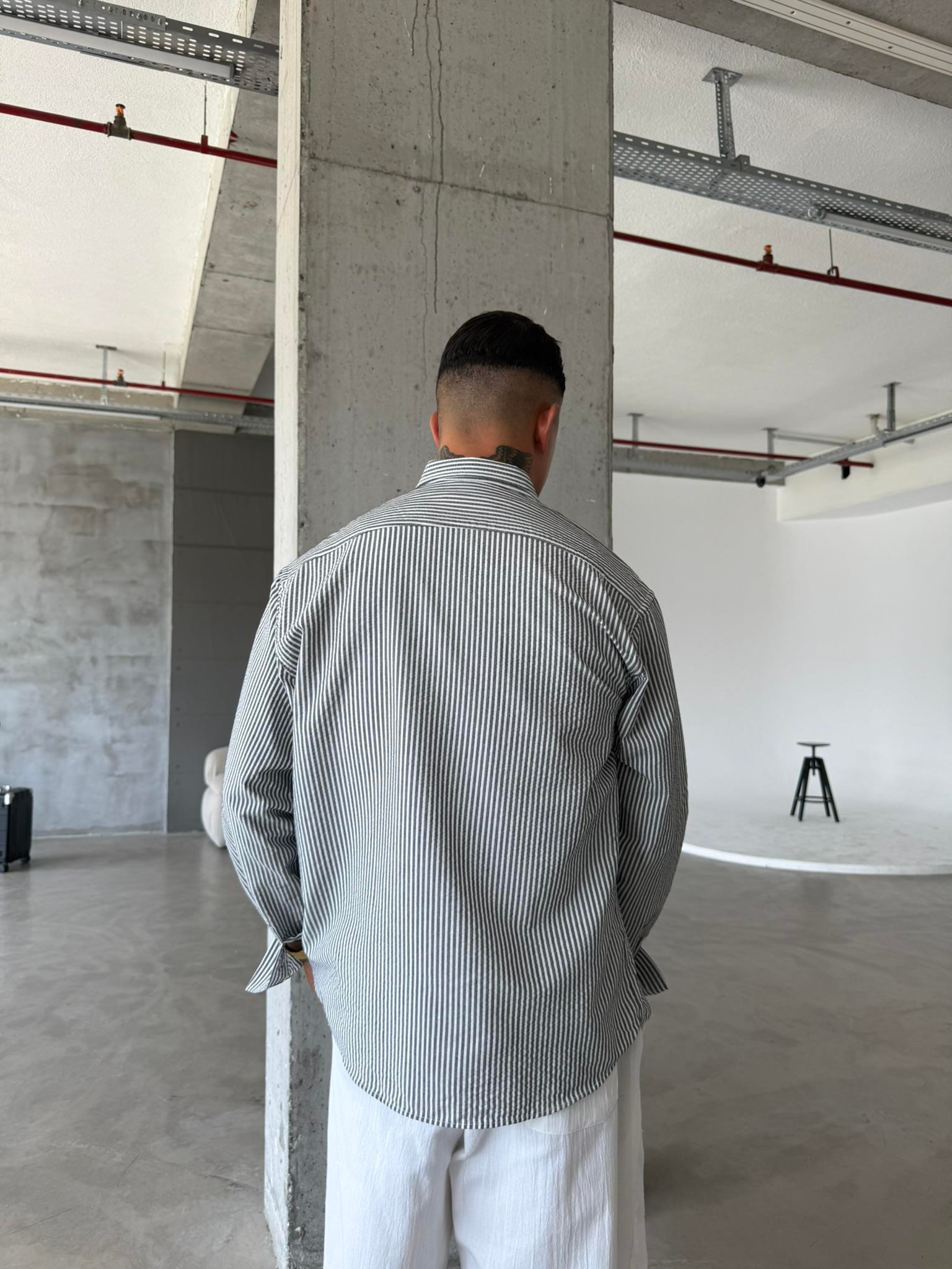 Cizgili Basic Gömlek - Gri