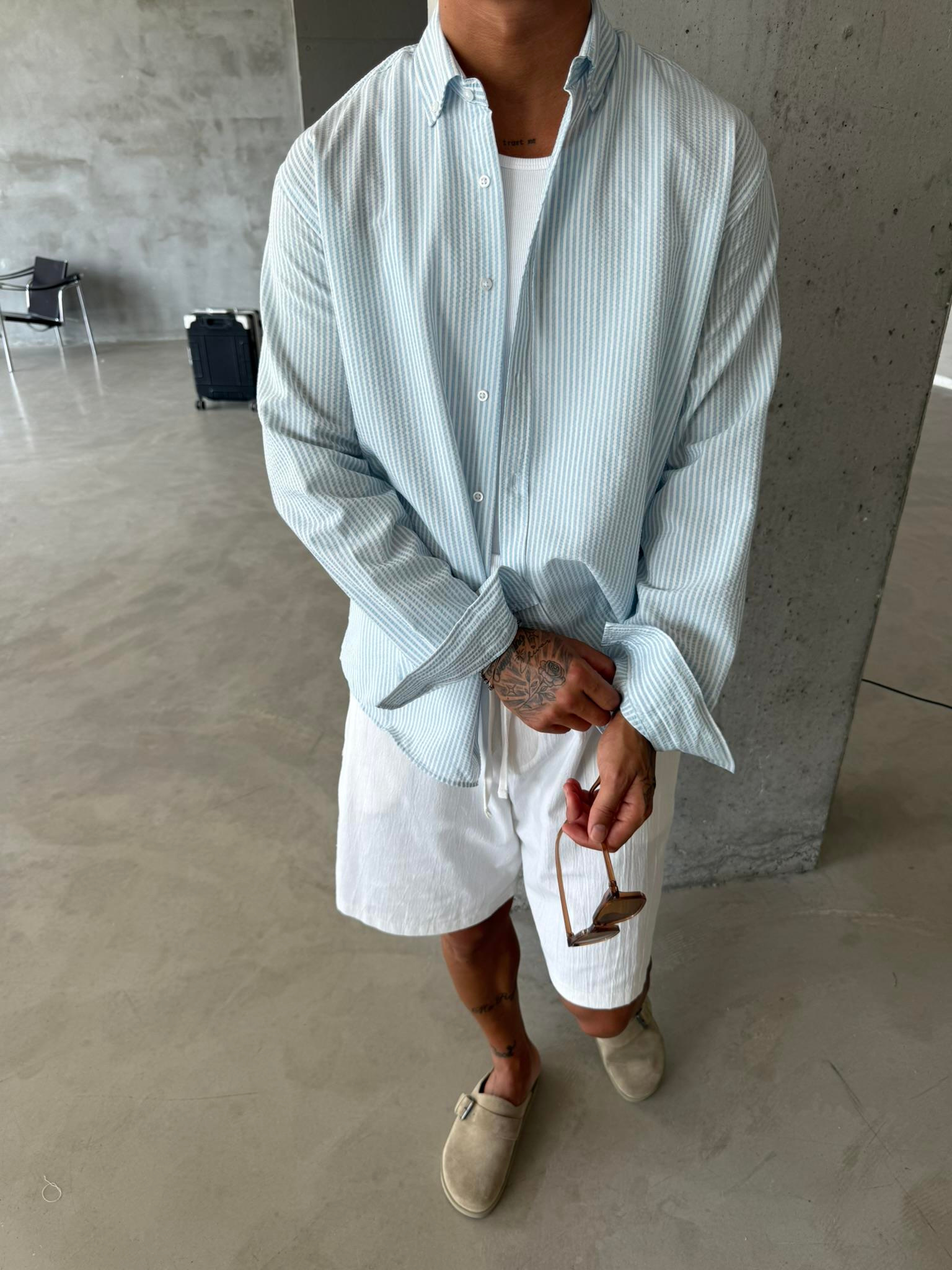 Cizgili Basic Gömlek - Mavi