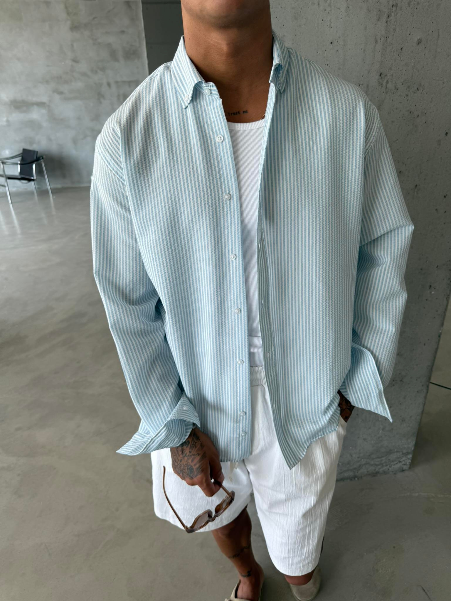 Cizgili Basic Gömlek - Mavi