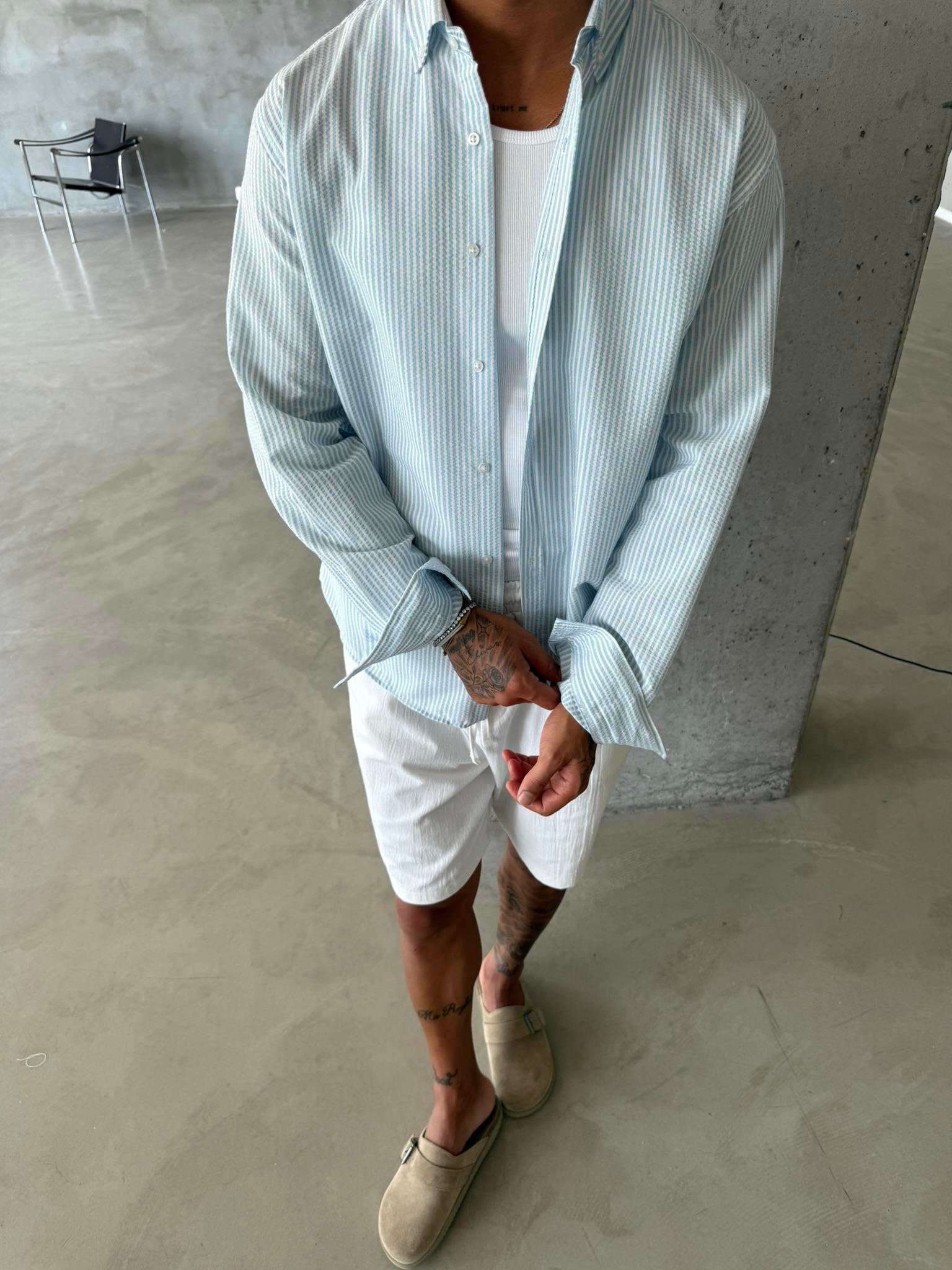 Cizgili Basic Gömlek - Mavi