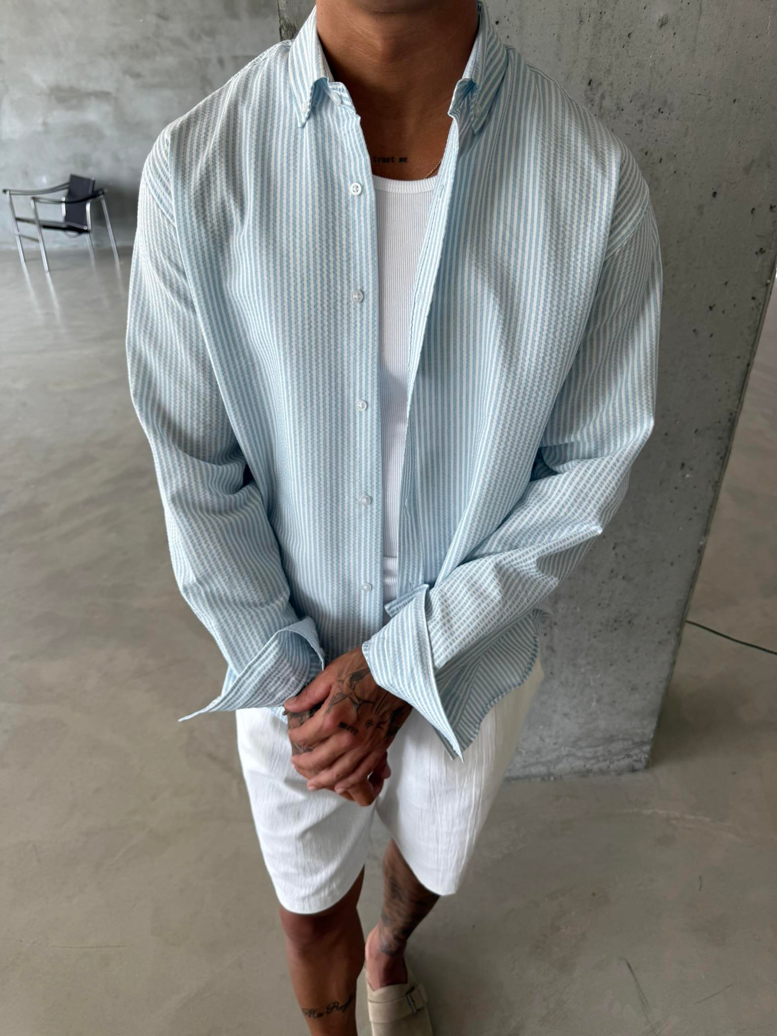 Cizgili Basic Gömlek - Mavi