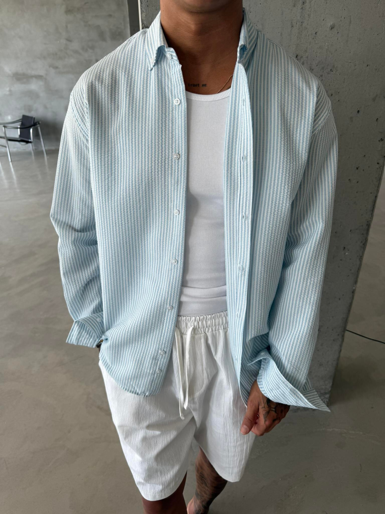 Cizgili Basic Gömlek - Mavi