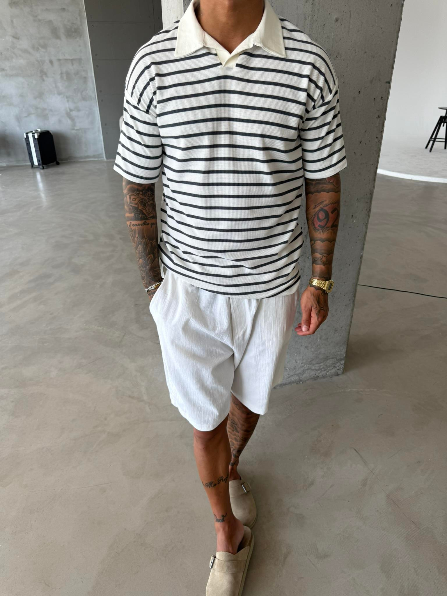 Cizgili Basic Polo Yaka T-Shirt - Füme