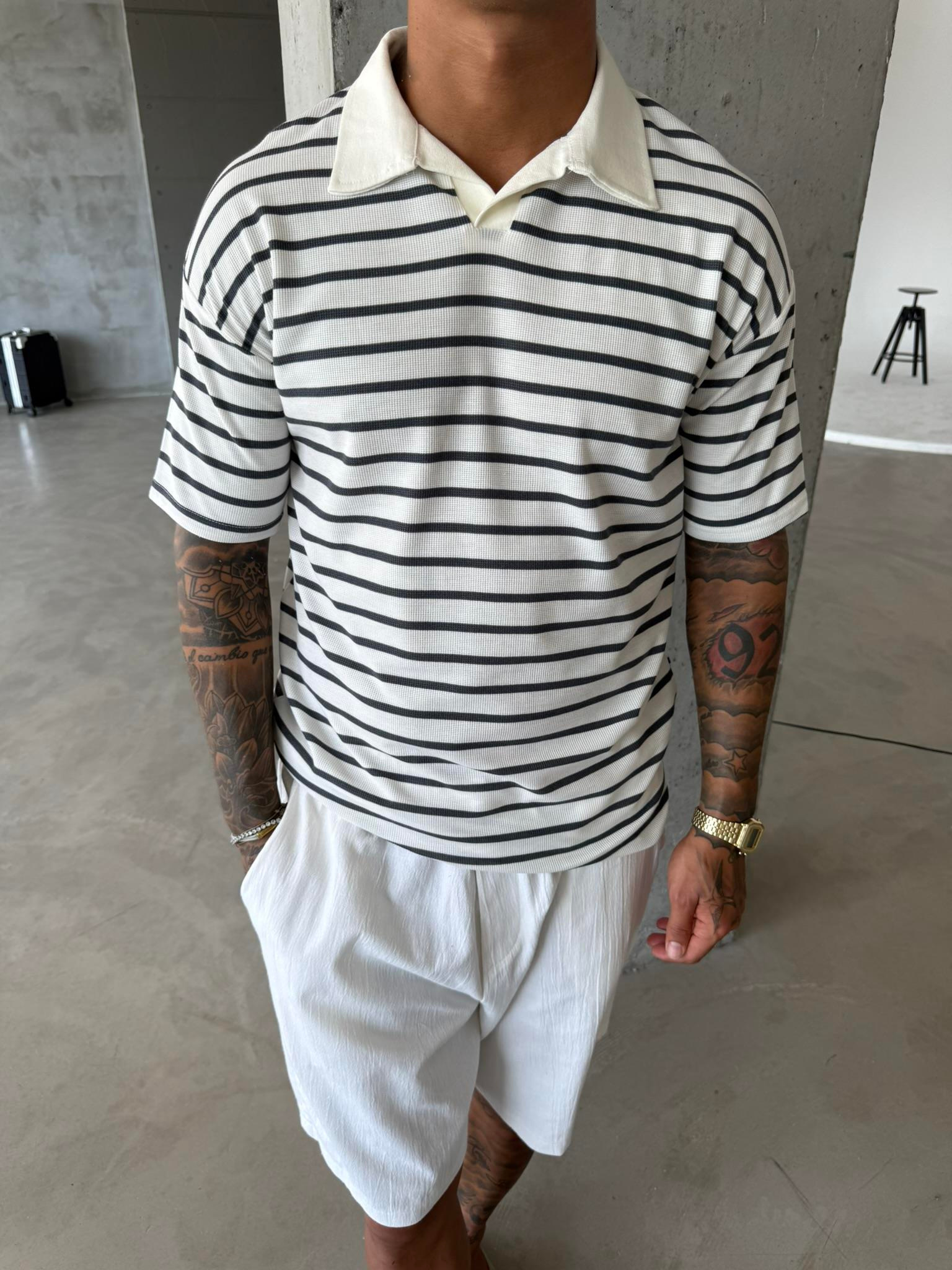 Cizgili Basic Polo Yaka T-Shirt - Füme