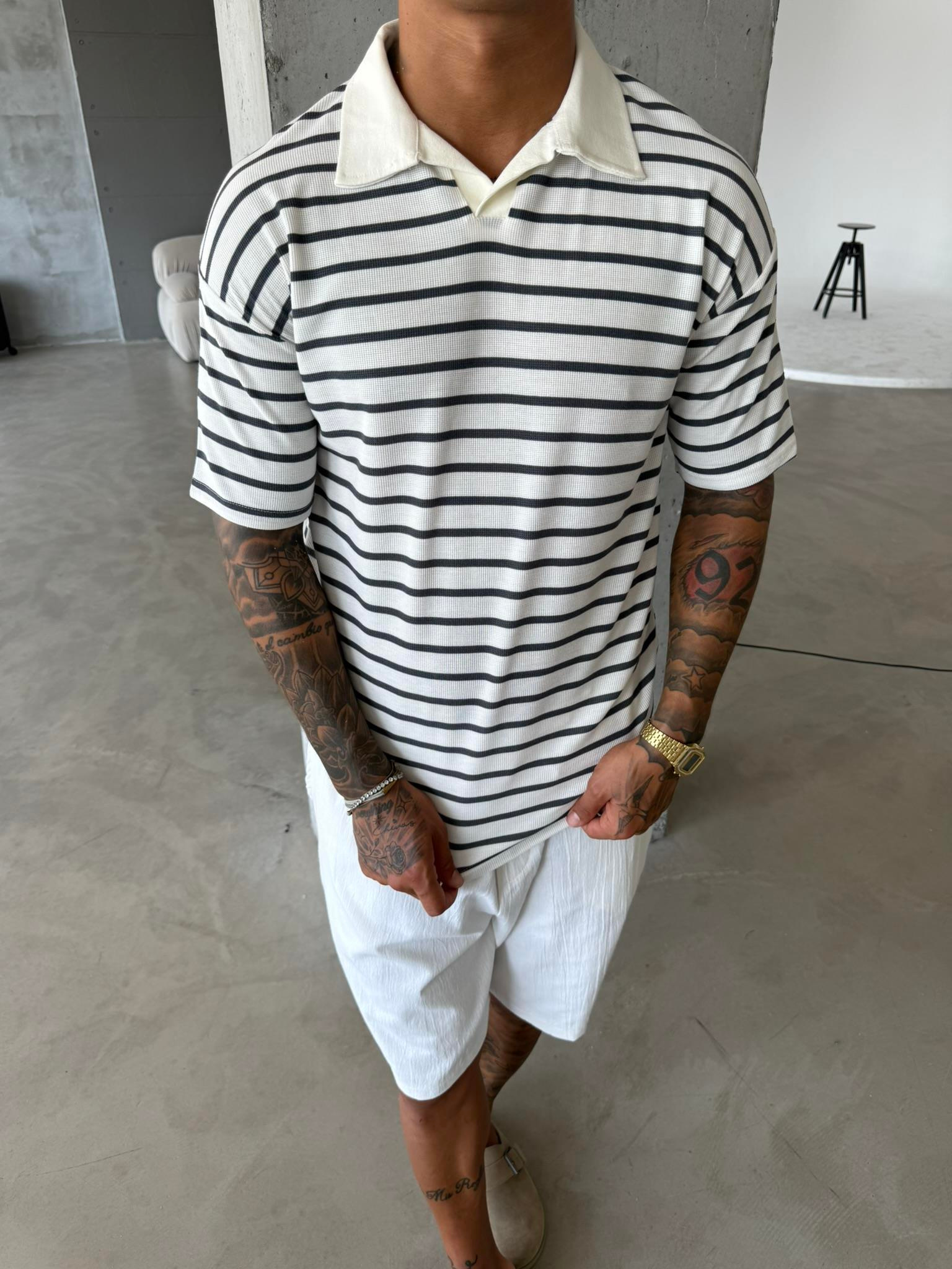 Cizgili Basic Polo Yaka T-Shirt - Füme