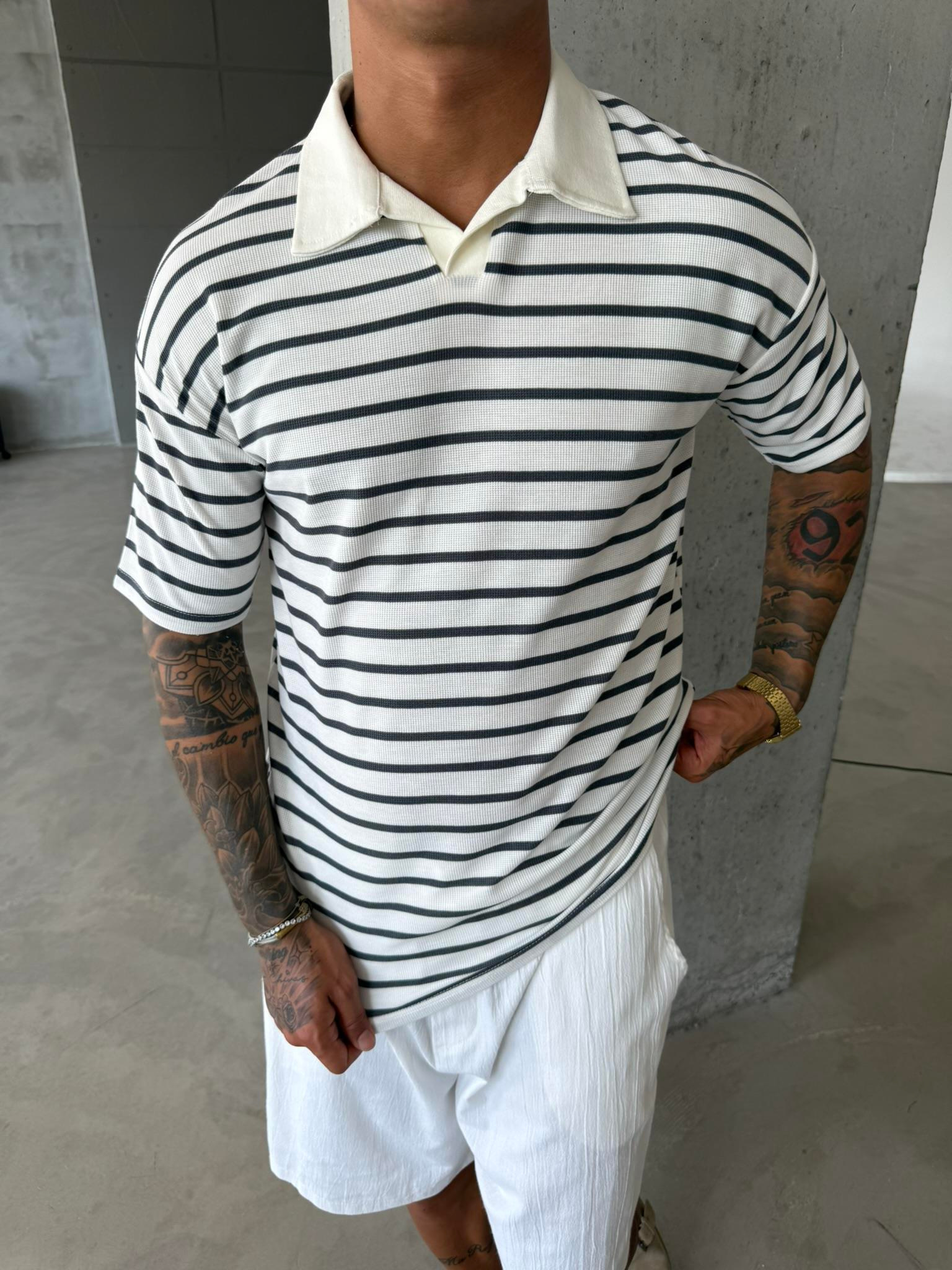 Cizgili Basic Polo Yaka T-Shirt - Füme