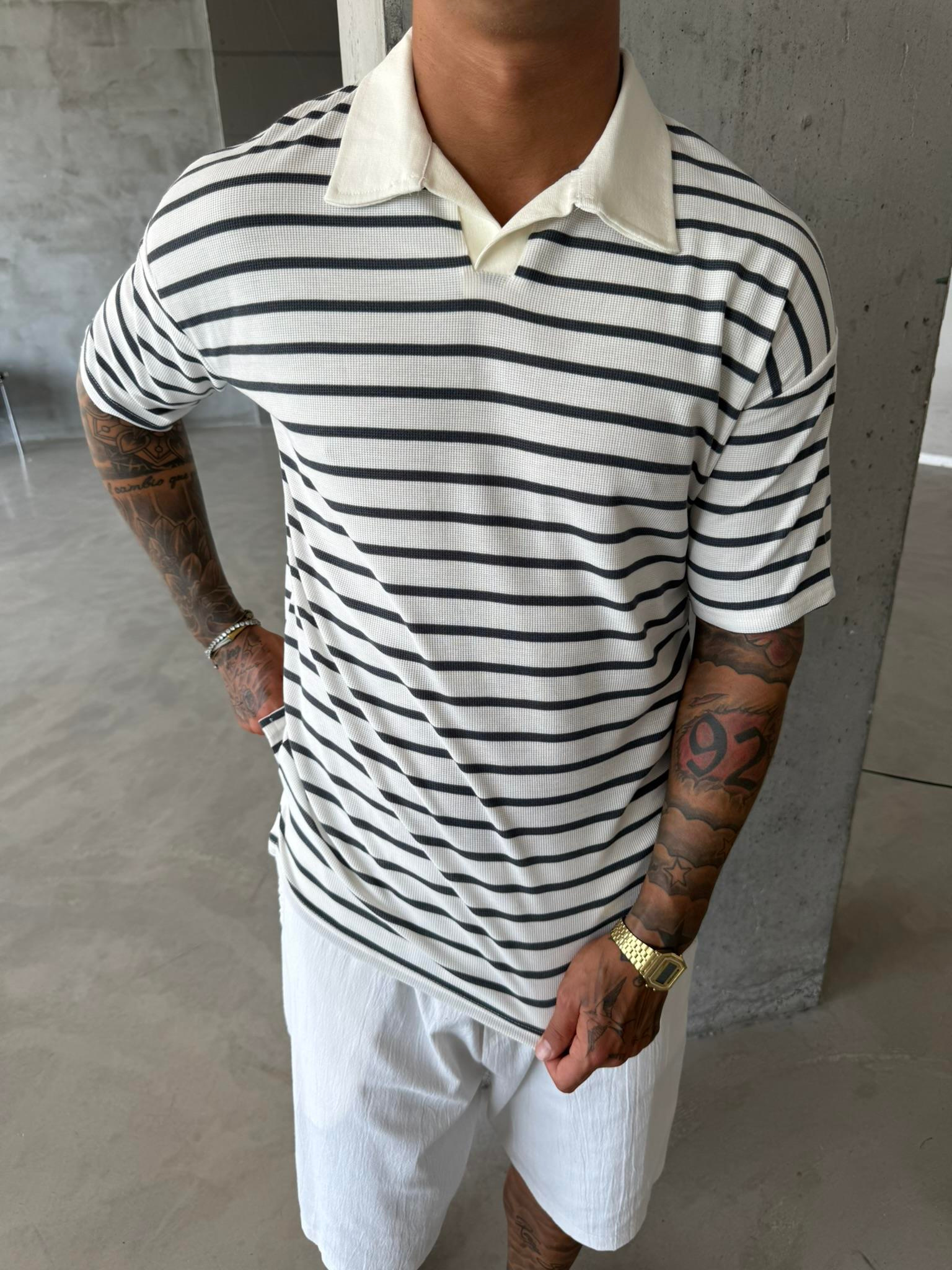 Cizgili Basic Polo Yaka T-Shirt - Füme