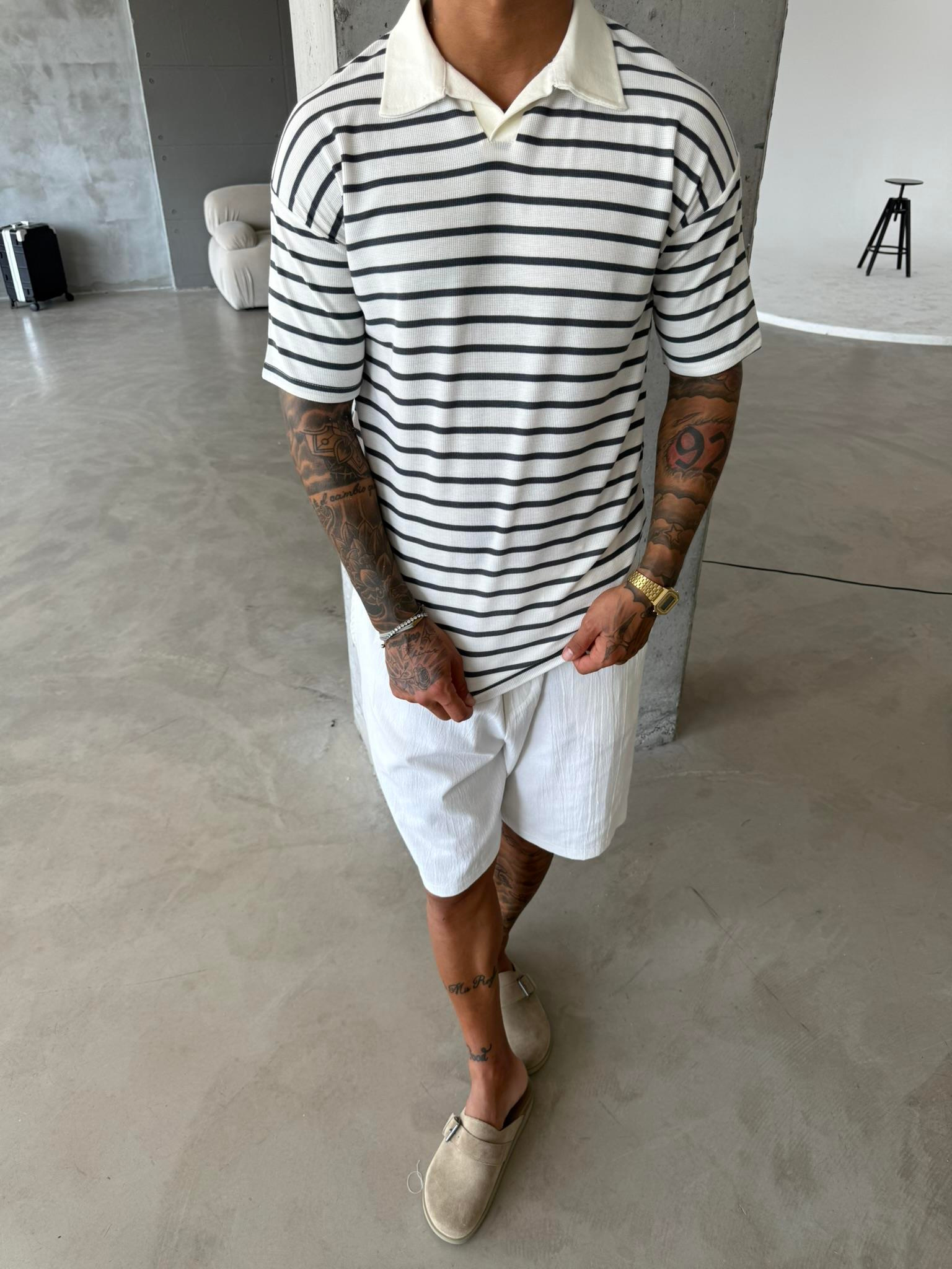 Cizgili Basic Polo Yaka T-Shirt - Füme