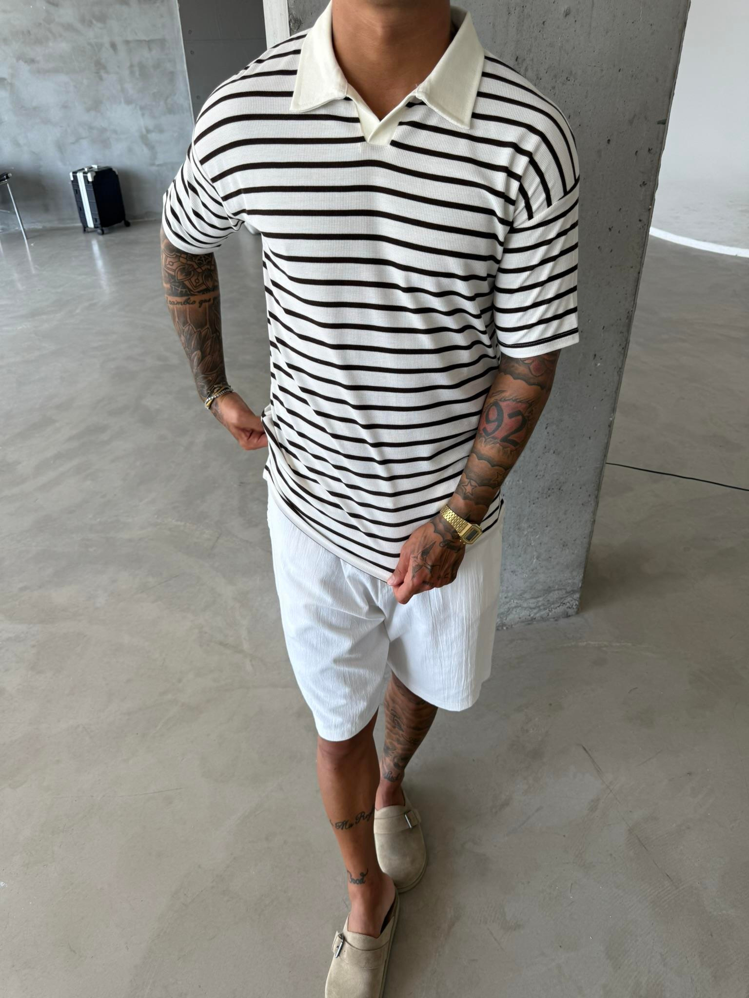 Cizgili Basic Polo Yaka T-Shirt - Kahve