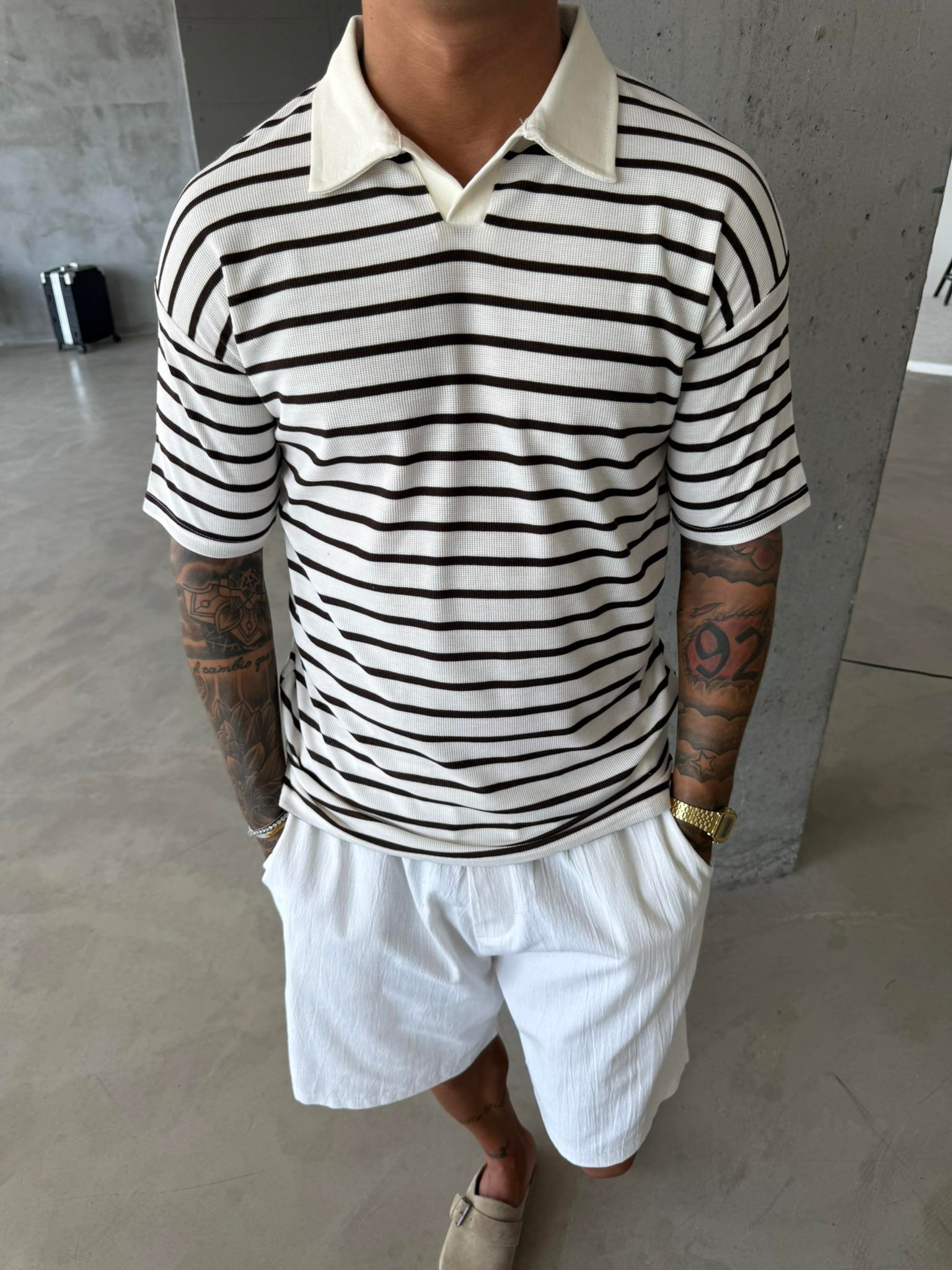 Cizgili Basic Polo Yaka T-Shirt - Kahve