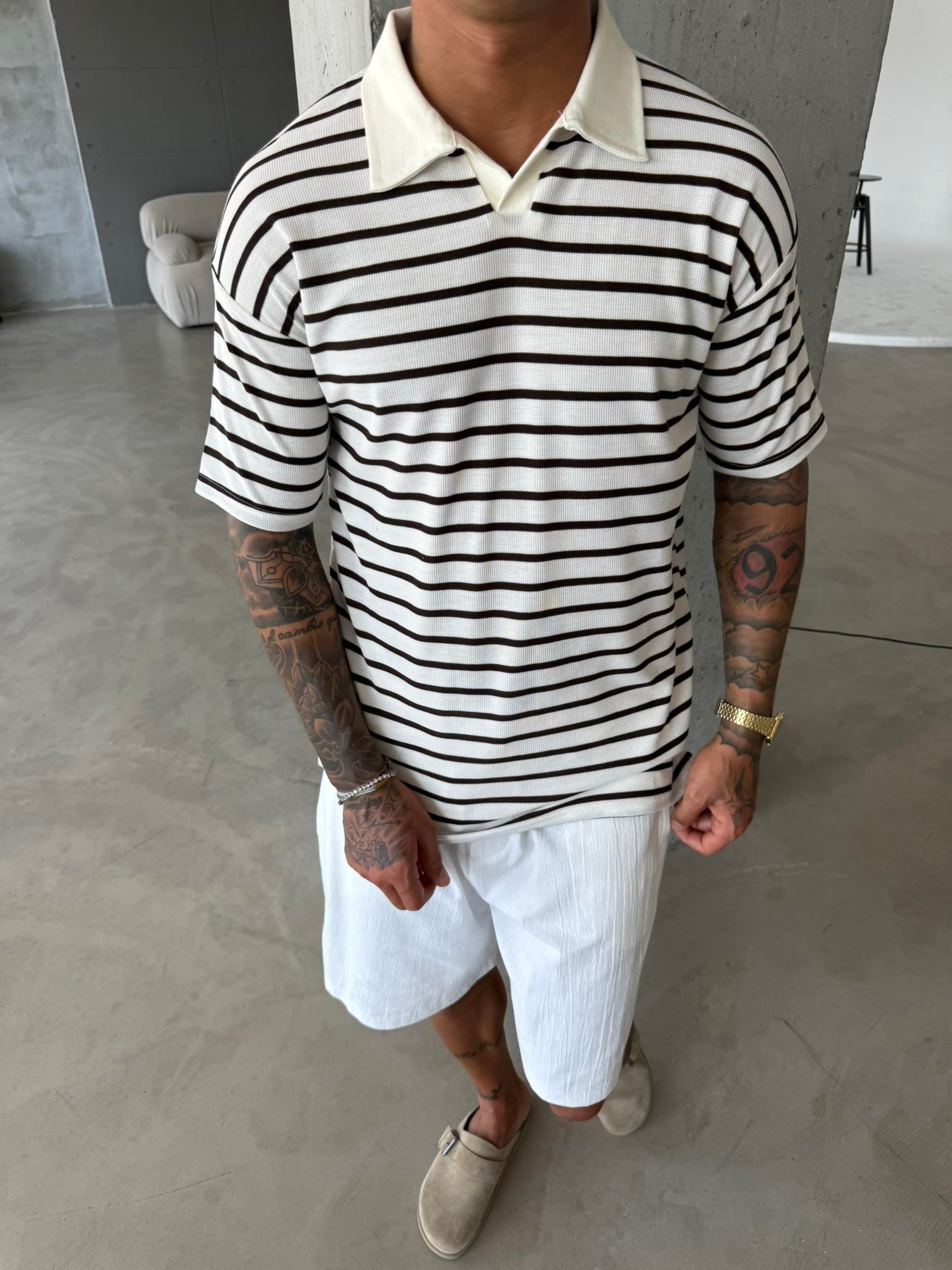 Cizgili Basic Polo Yaka T-Shirt - Kahve