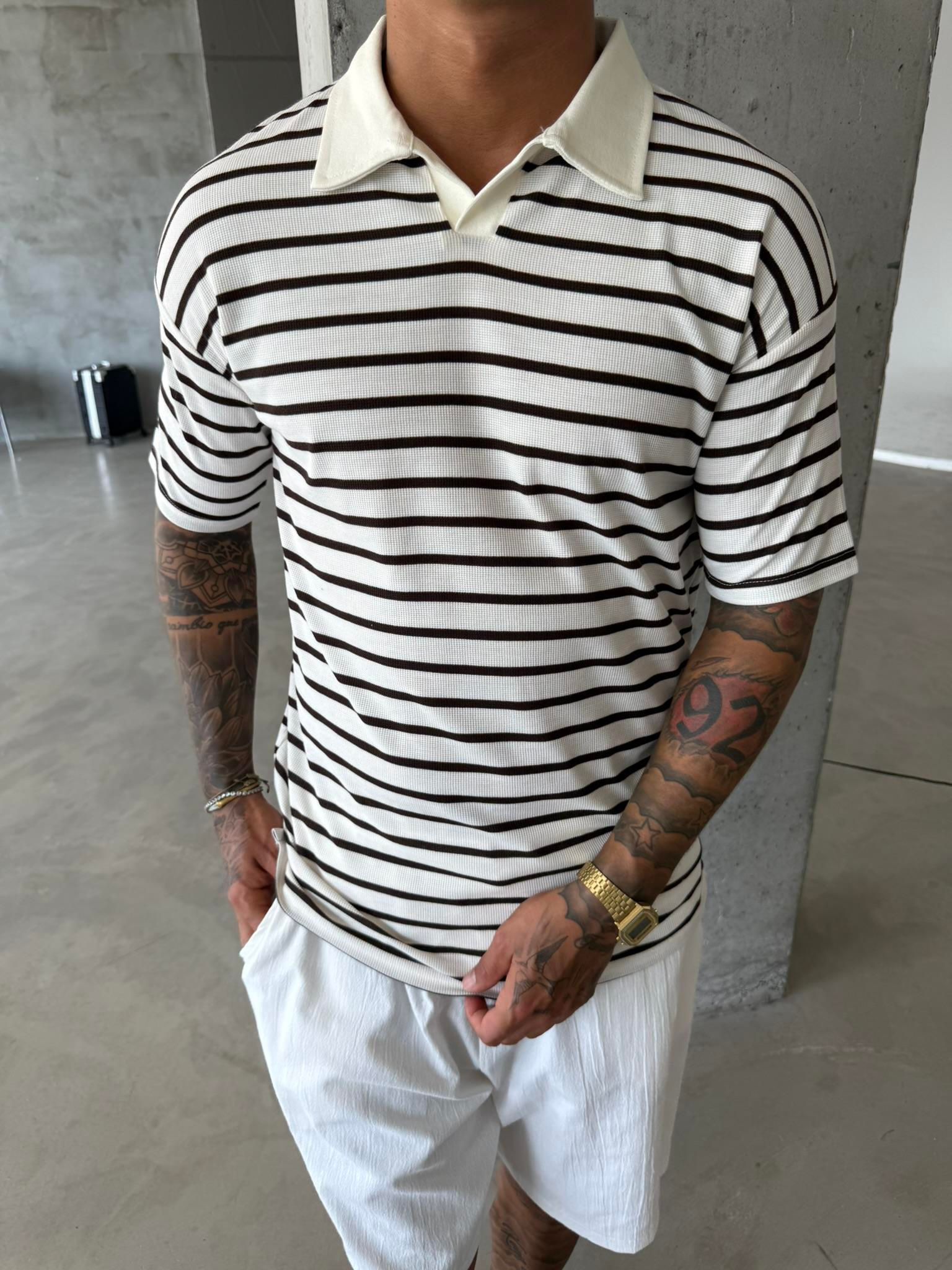 Cizgili Basic Polo Yaka T-Shirt - Kahve