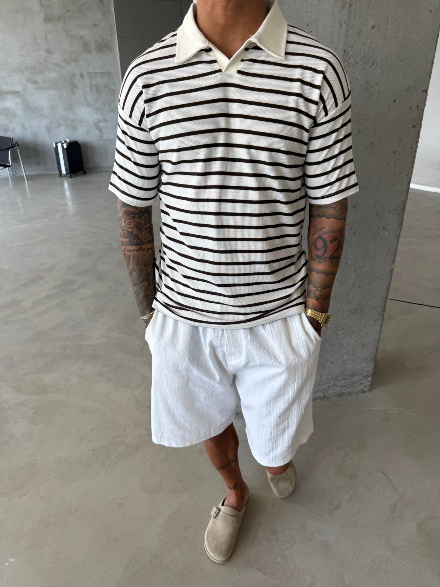 Cizgili Basic Polo Yaka T-Shirt - Kahve