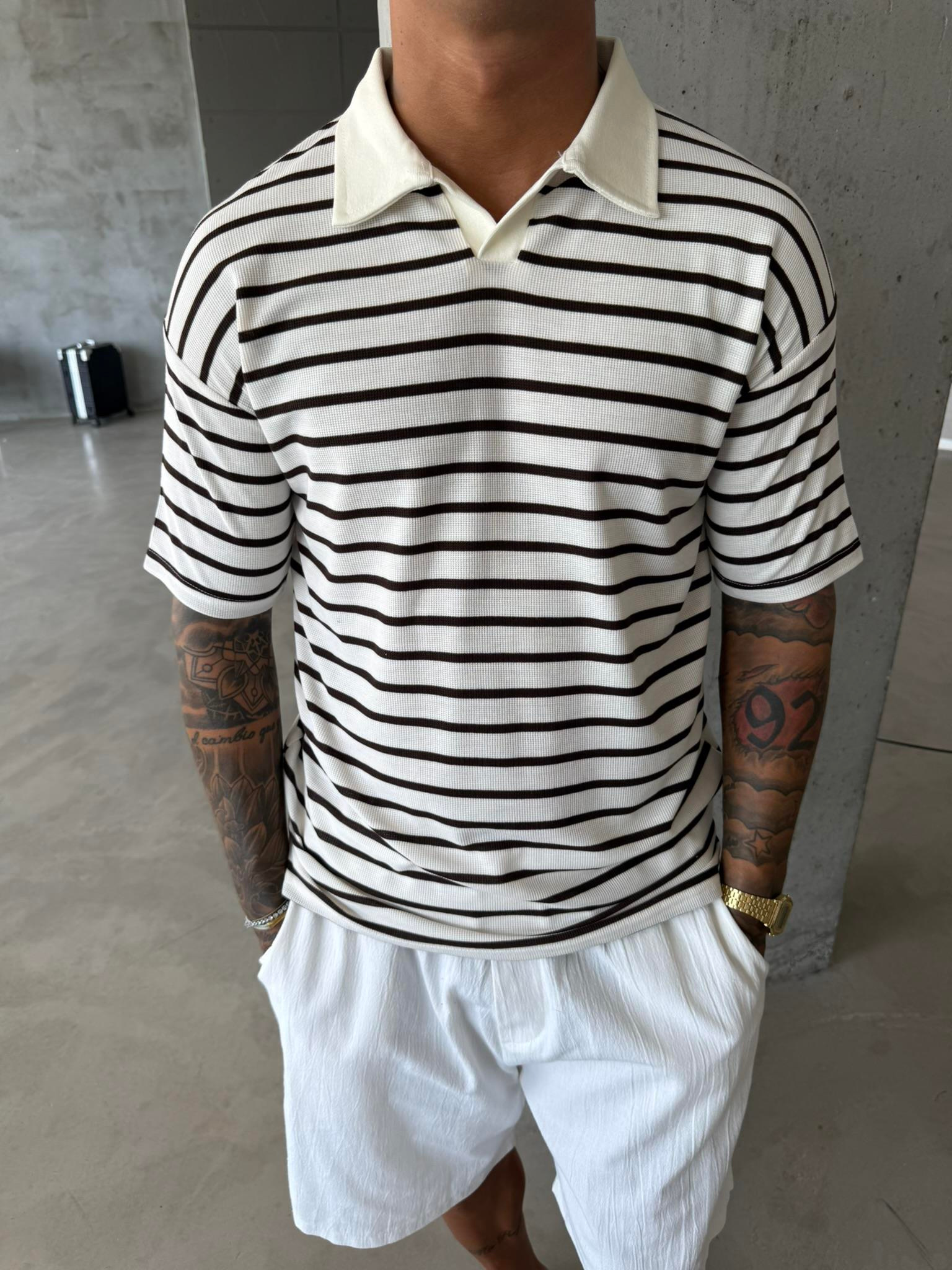 Cizgili Basic Polo Yaka T-Shirt - Kahve