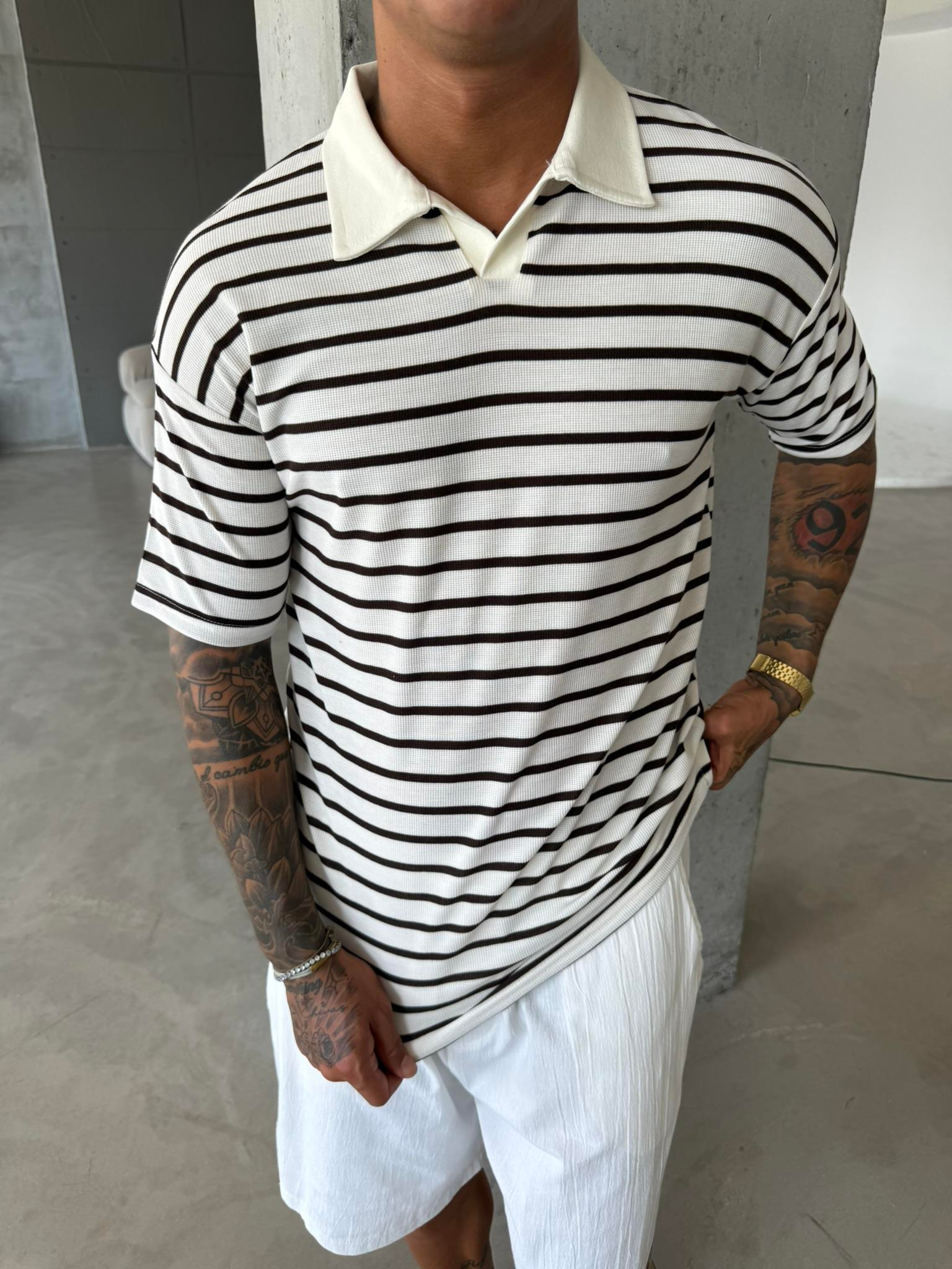 Cizgili Basic Polo Yaka T-Shirt - Kahve