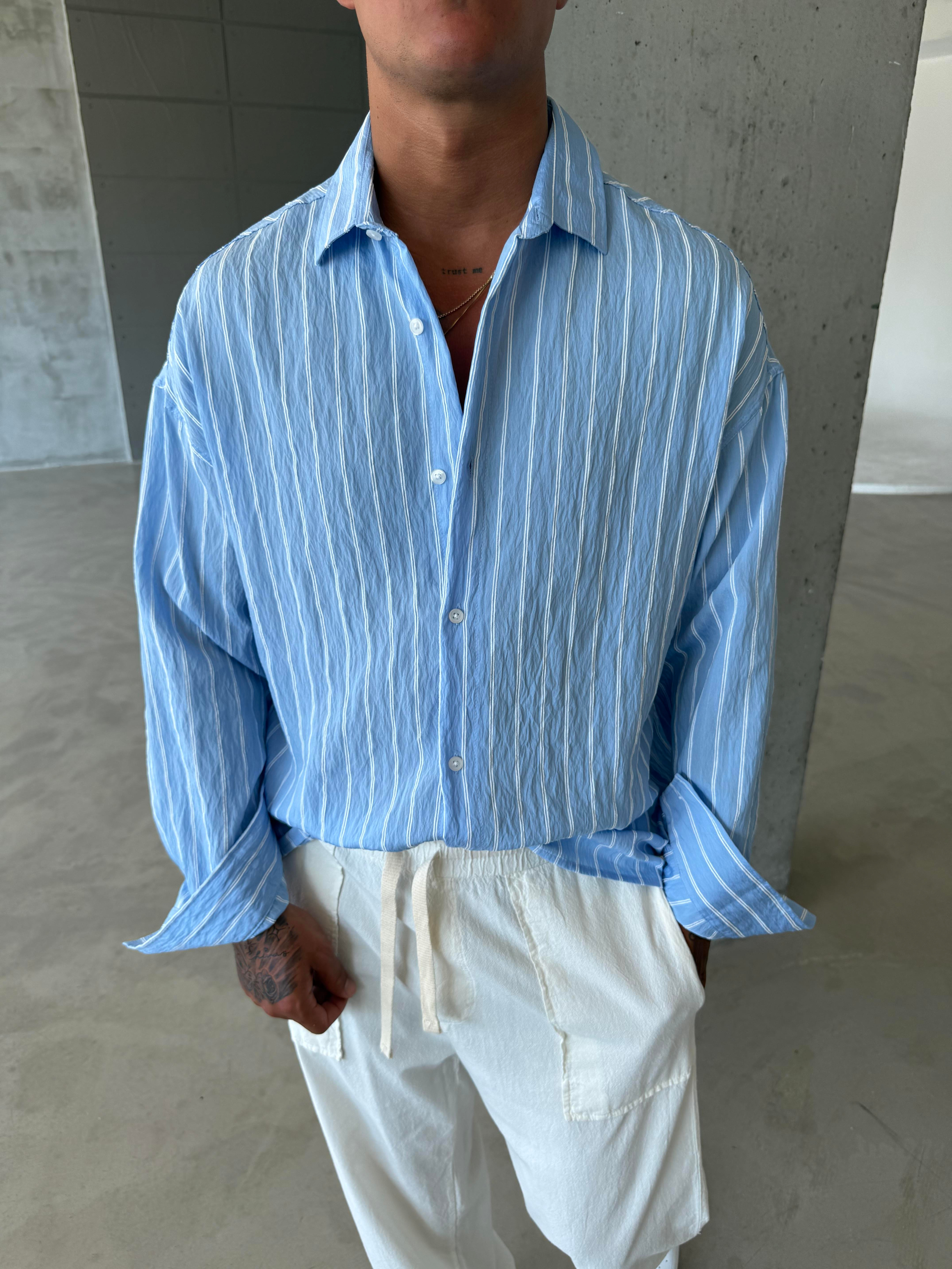 Cizgili Fresh Kumaş Gömlek - Mavi