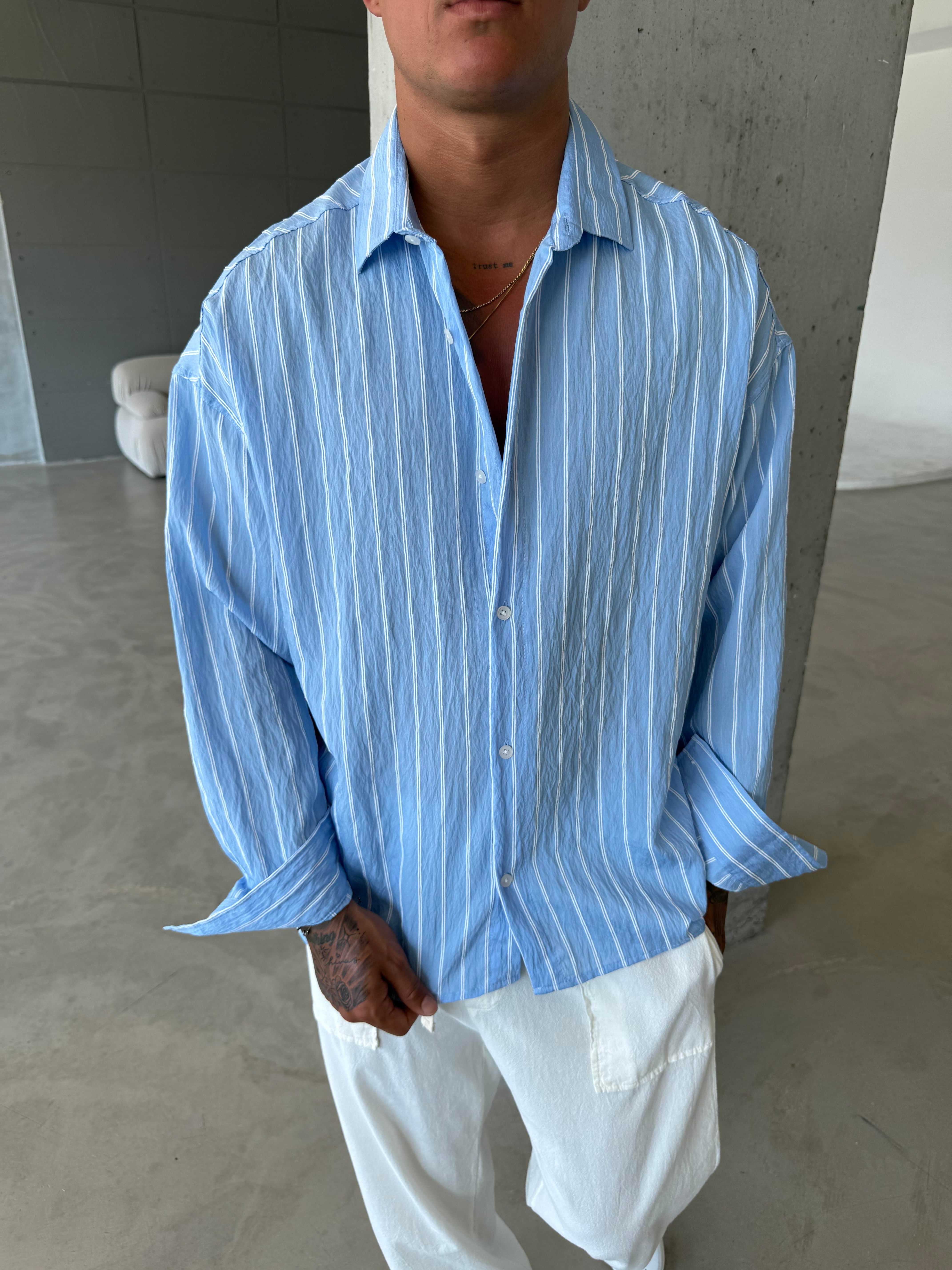 Cizgili Fresh Kumaş Gömlek - Mavi