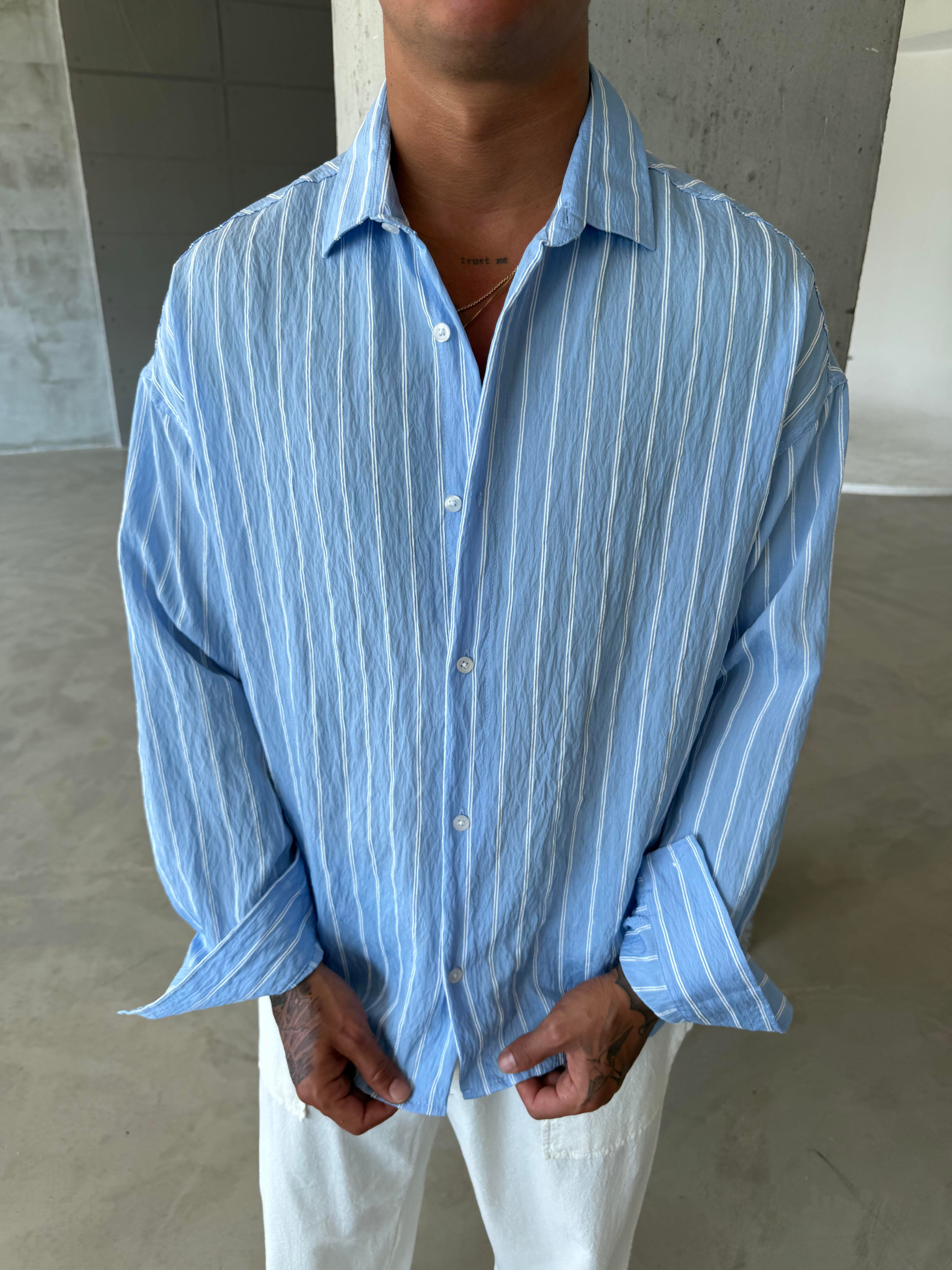 Cizgili Fresh Kumaş Gömlek - Mavi