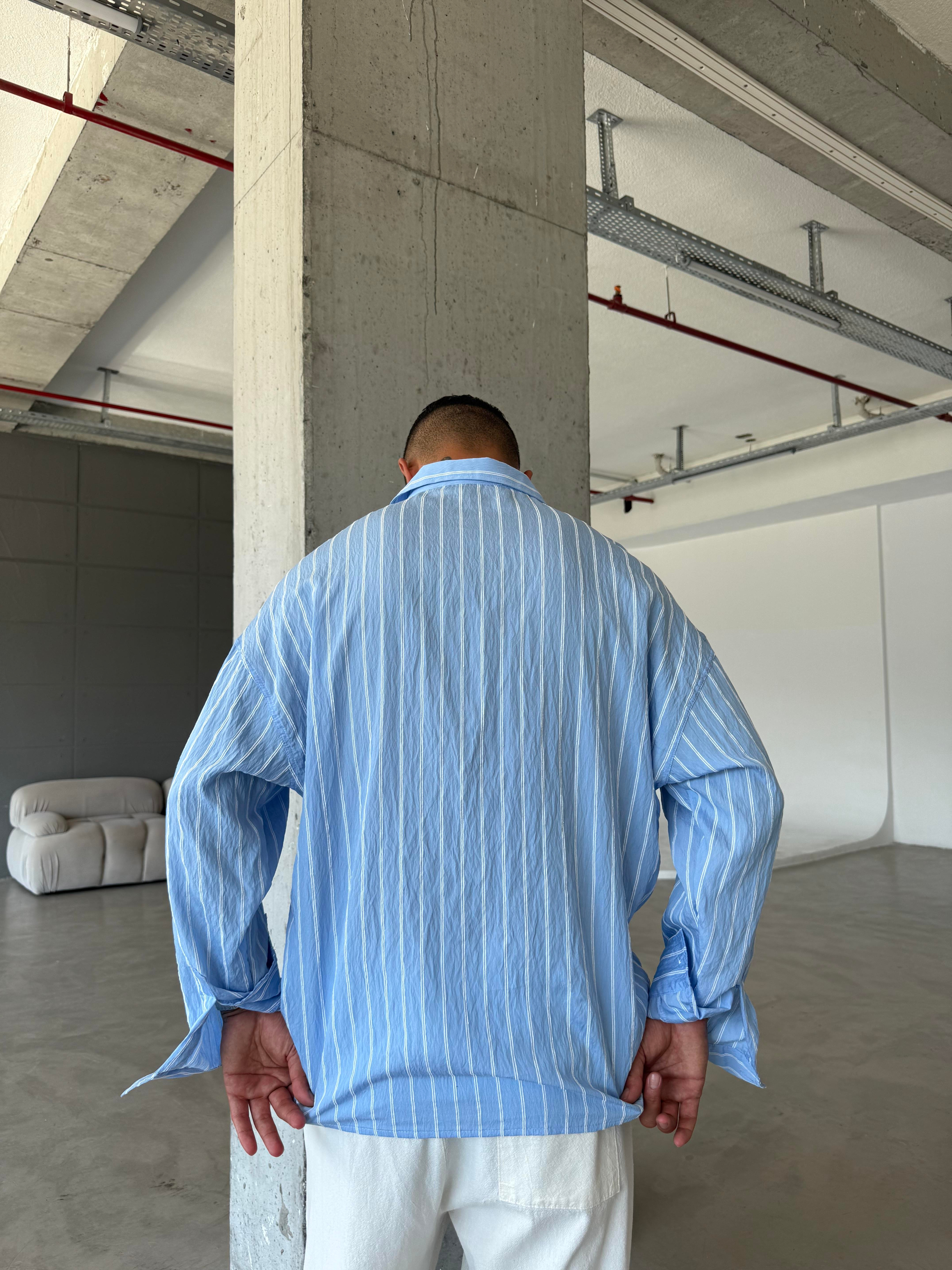 Cizgili Fresh Kumaş Gömlek - Mavi