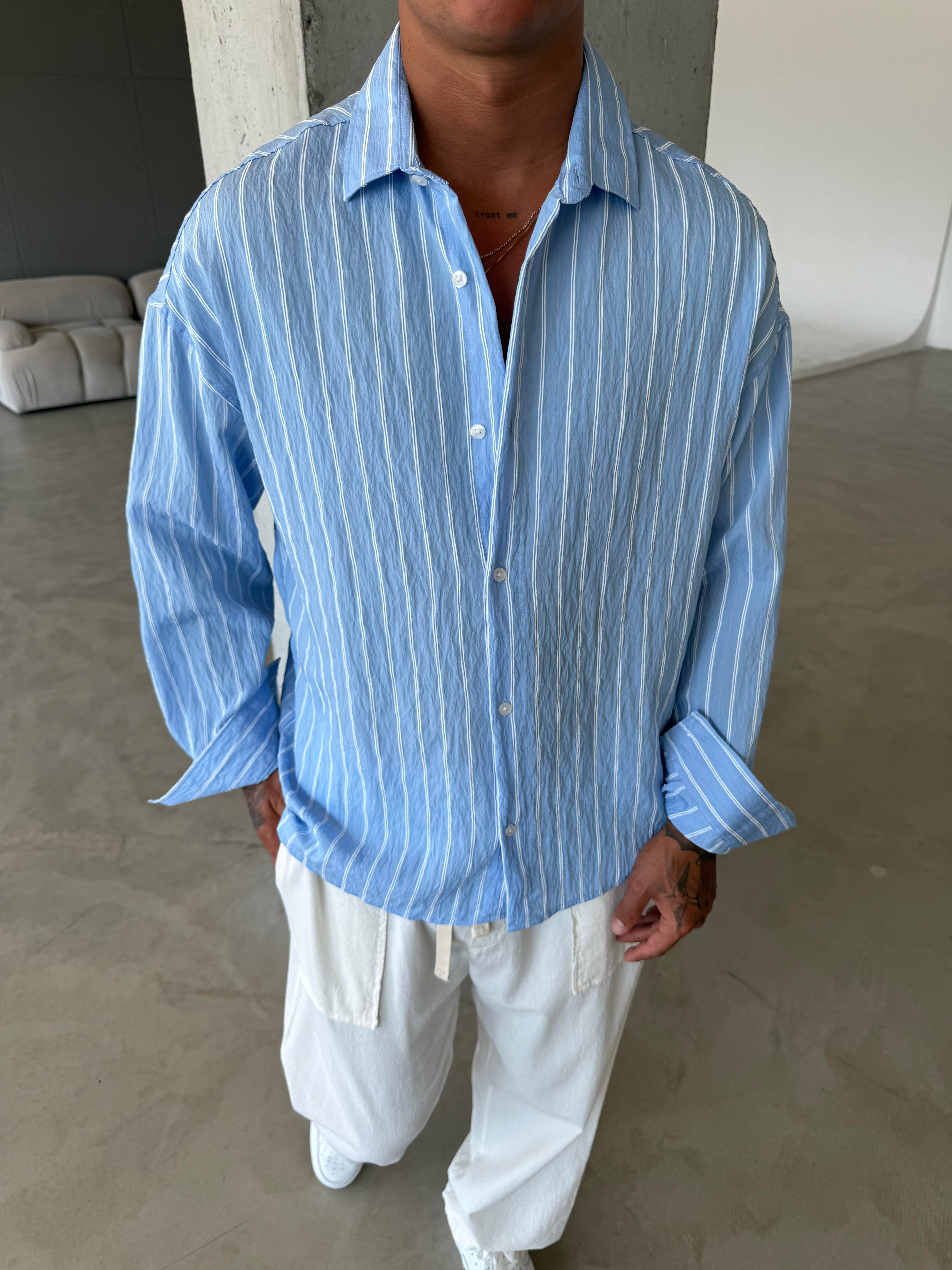 Cizgili Fresh Kumaş Gömlek - Mavi