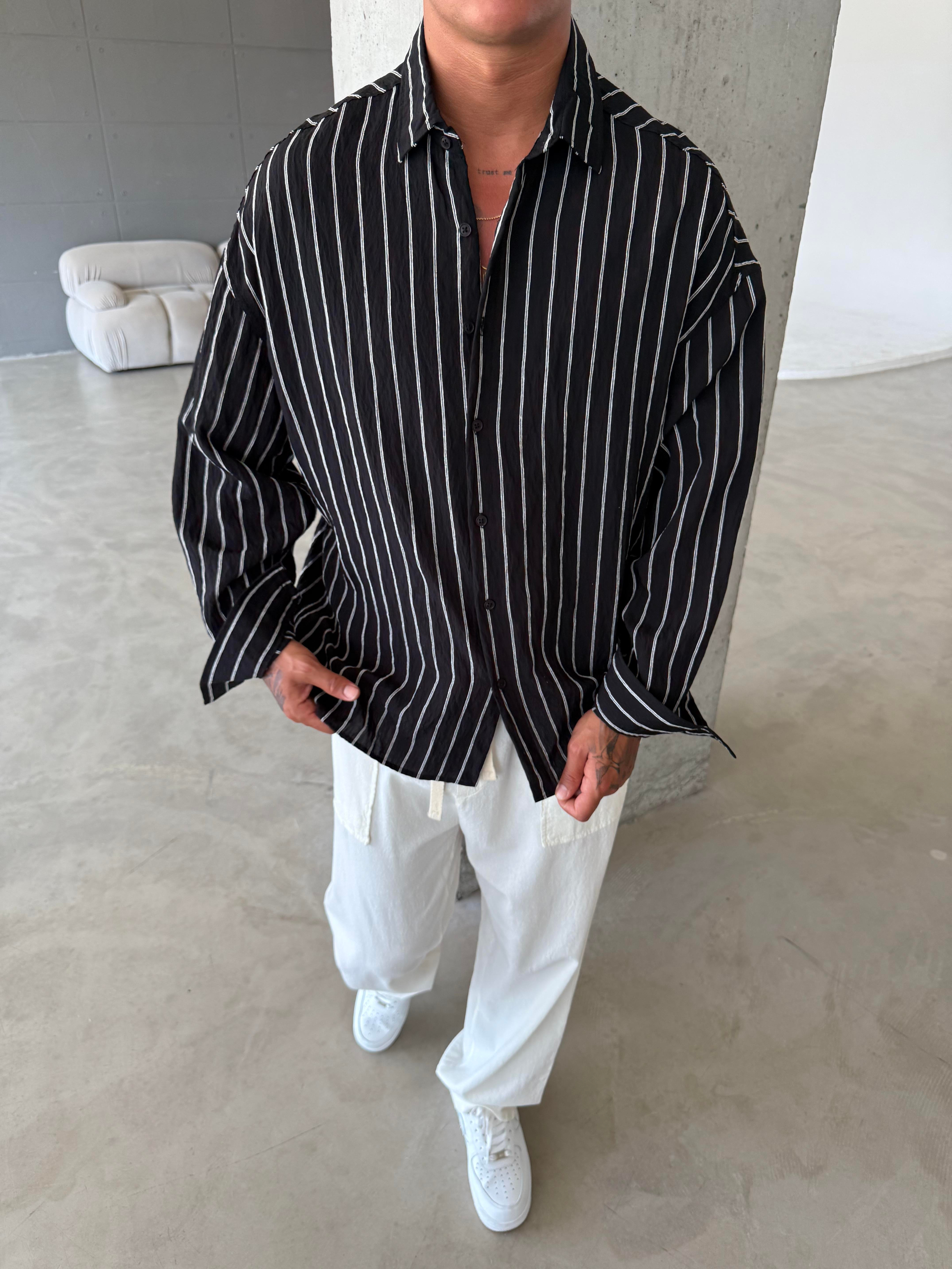 Cizgili Fresh Kumaş Gömlek - Siyah