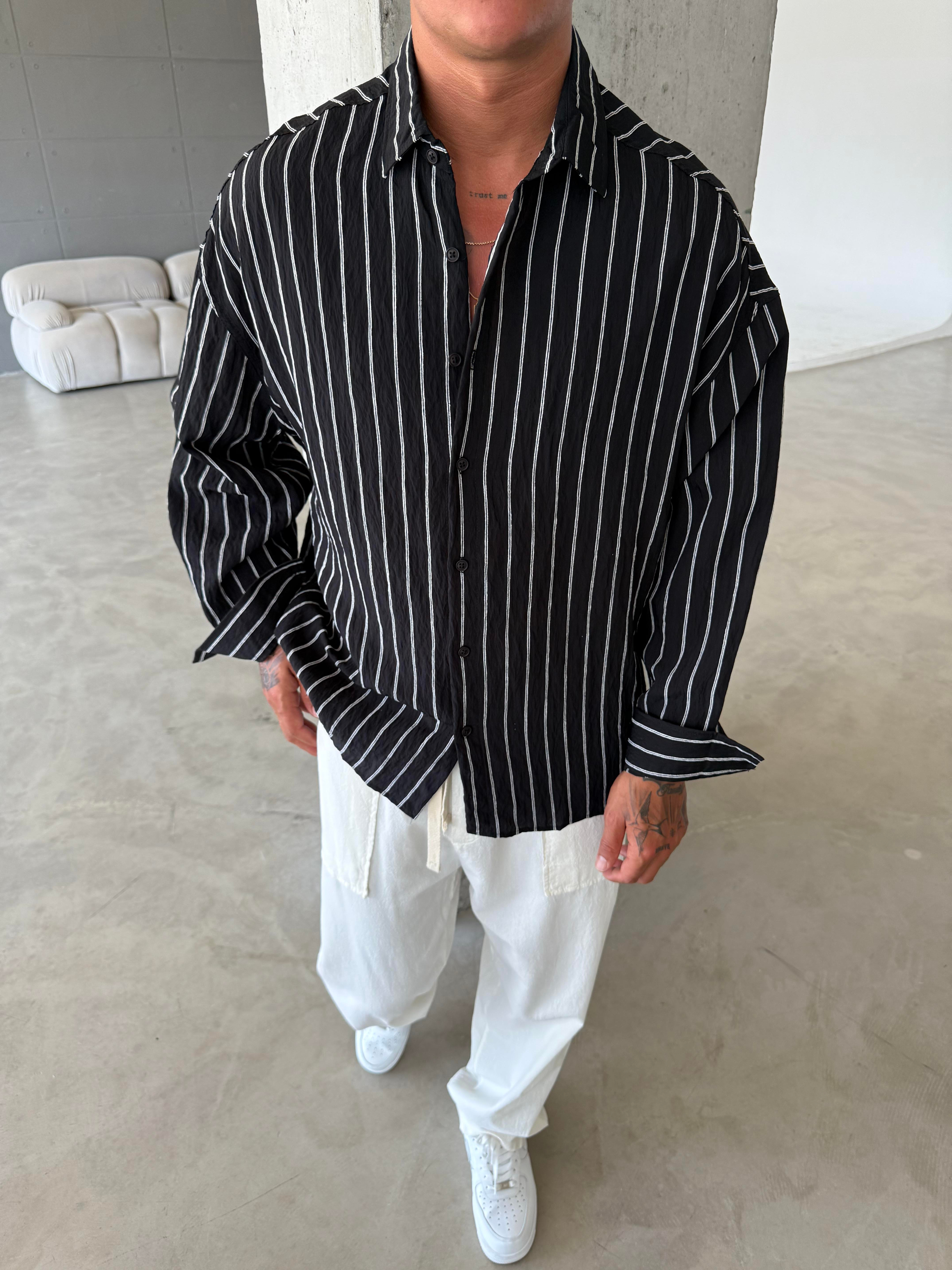 Cizgili Fresh Kumaş Gömlek - Siyah